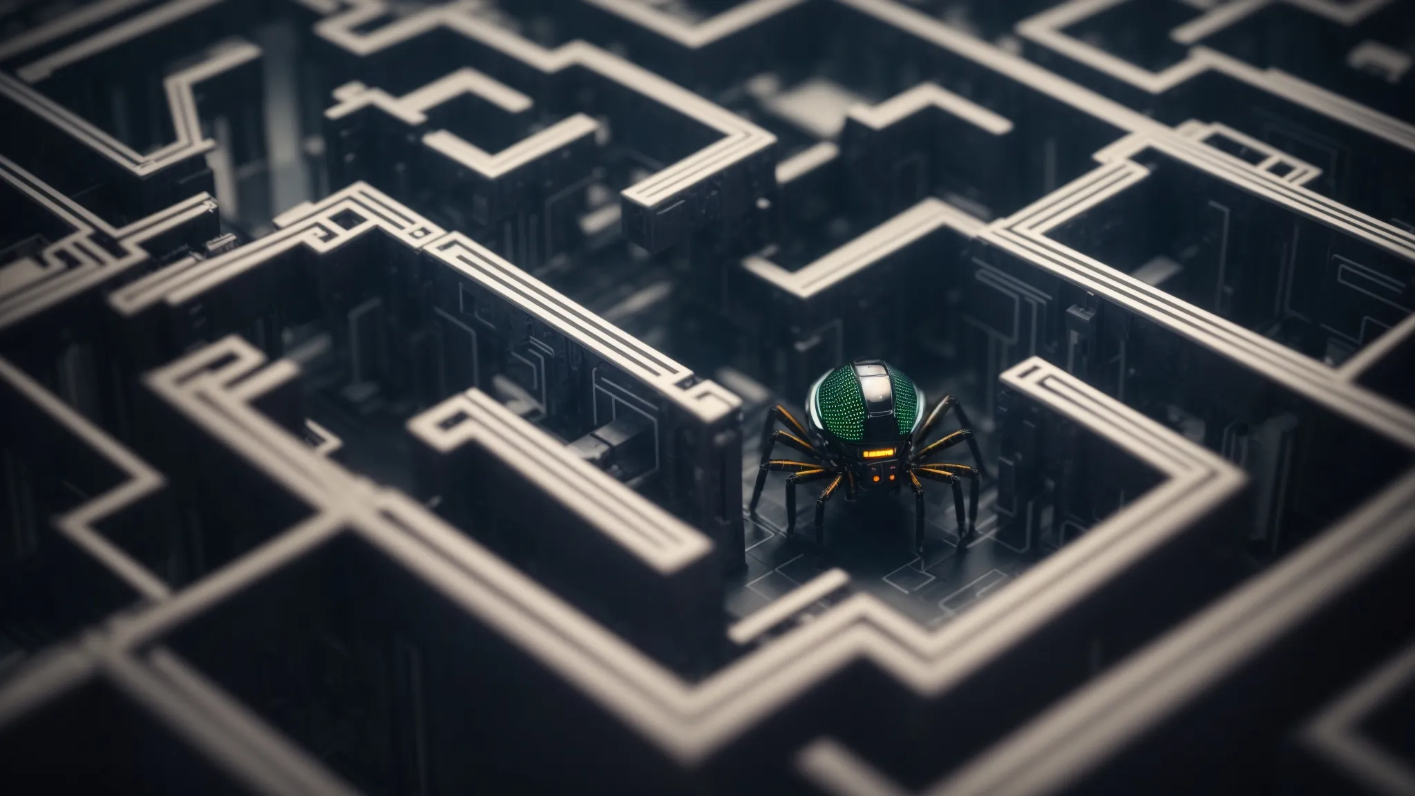 a spider robot exploring a digital maze symbolizes search engine crawlers analyzing a website's structure.