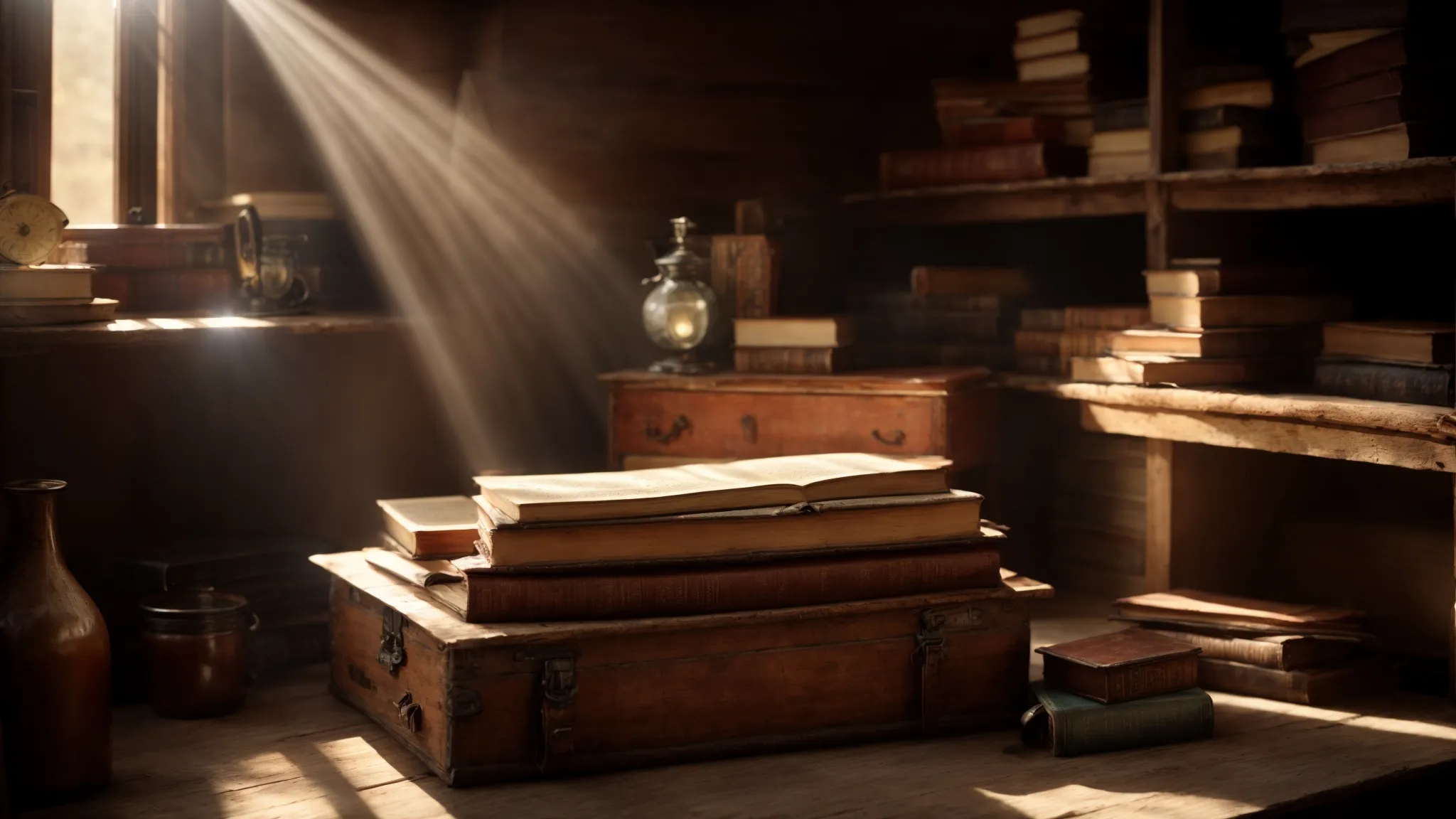 a beam of sunlight filters through a dusty attic, illuminating a pile of vintage, dust-covered books and trinkets on an old wooden chest.