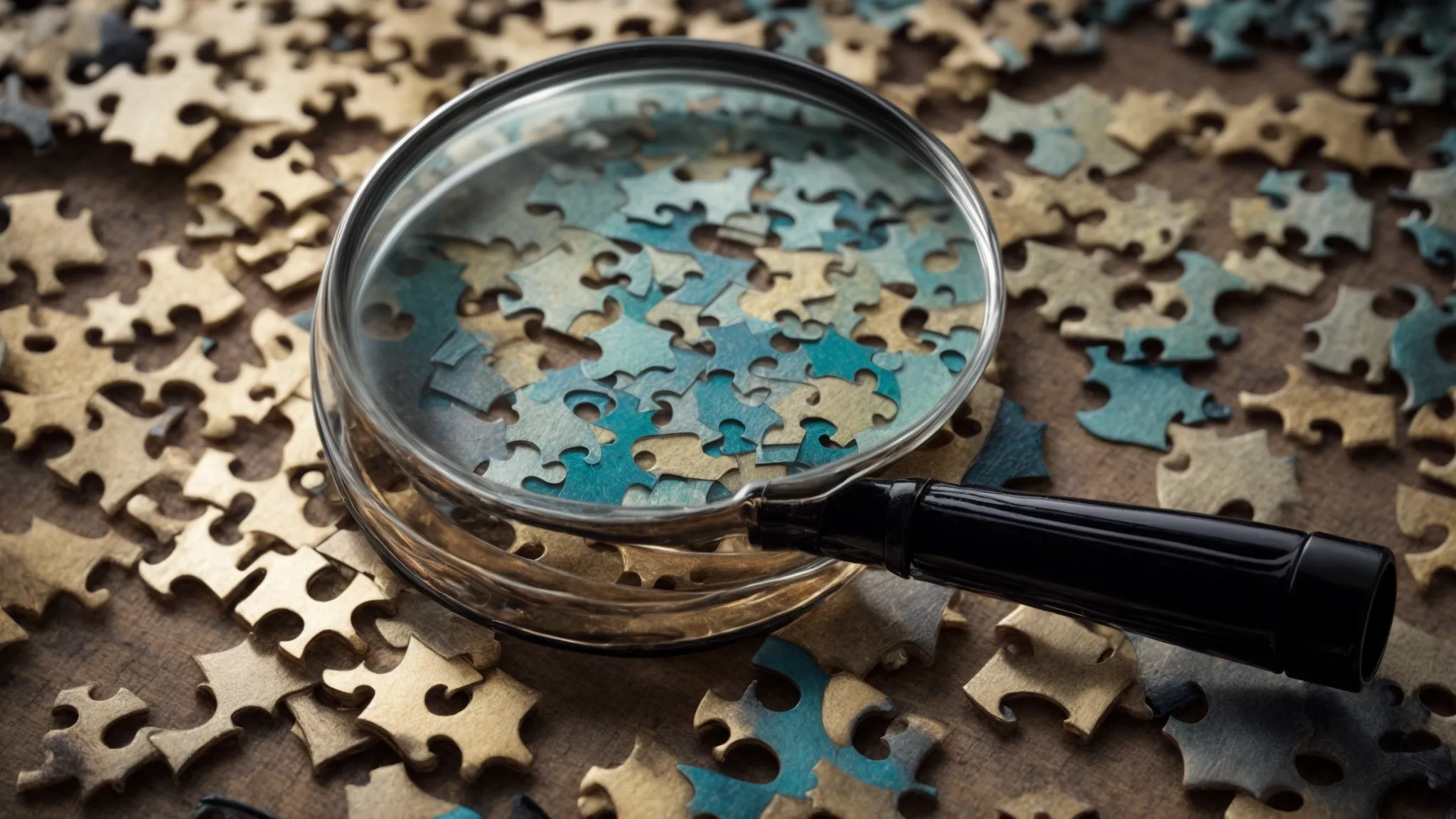 a magnifying glass resting on a jigsaw puzzle, symbolizing precision and focus.