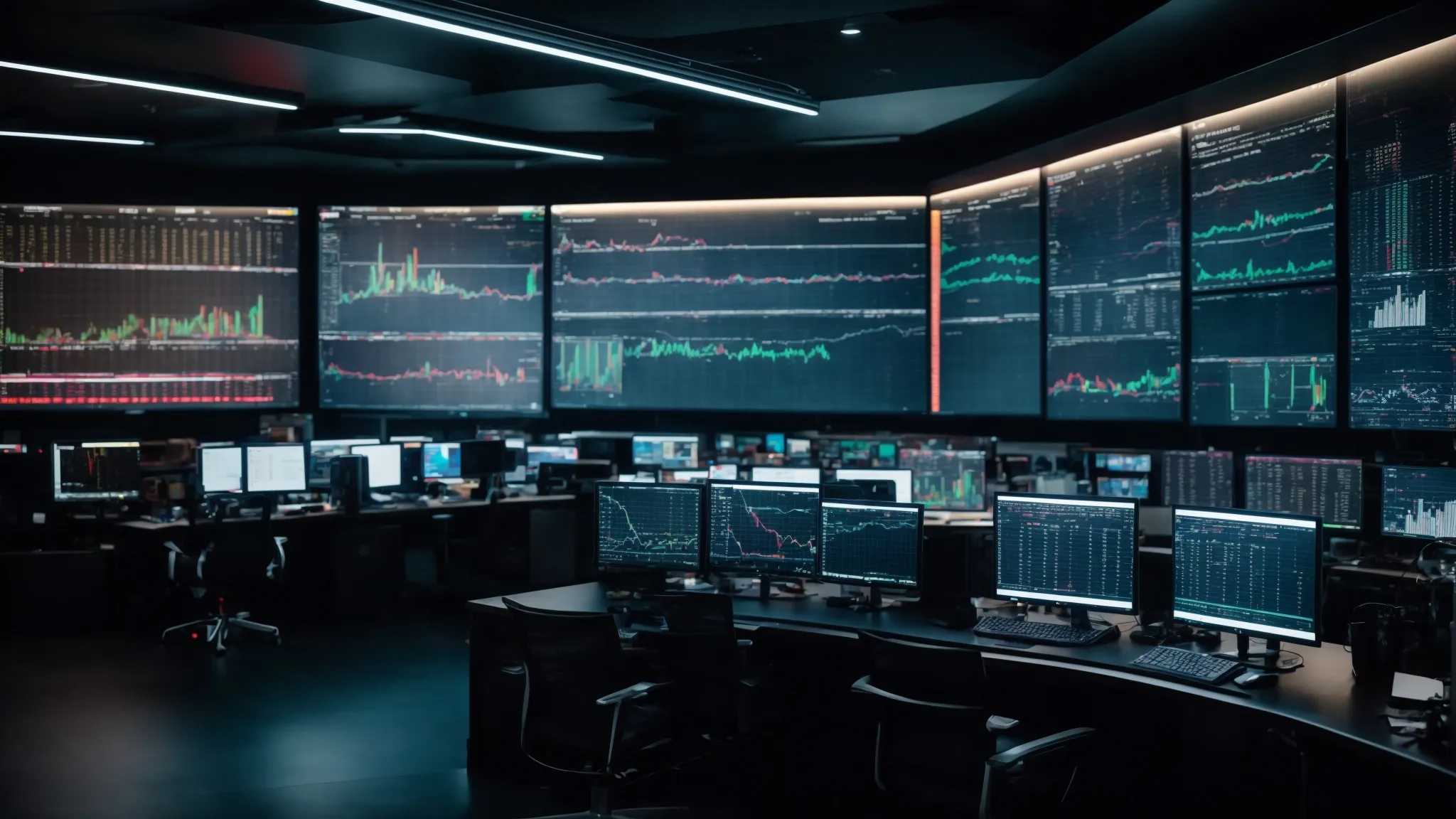 a high-tech command center with rows of computer screens displaying graphs and analytics representing market trends and seo data.