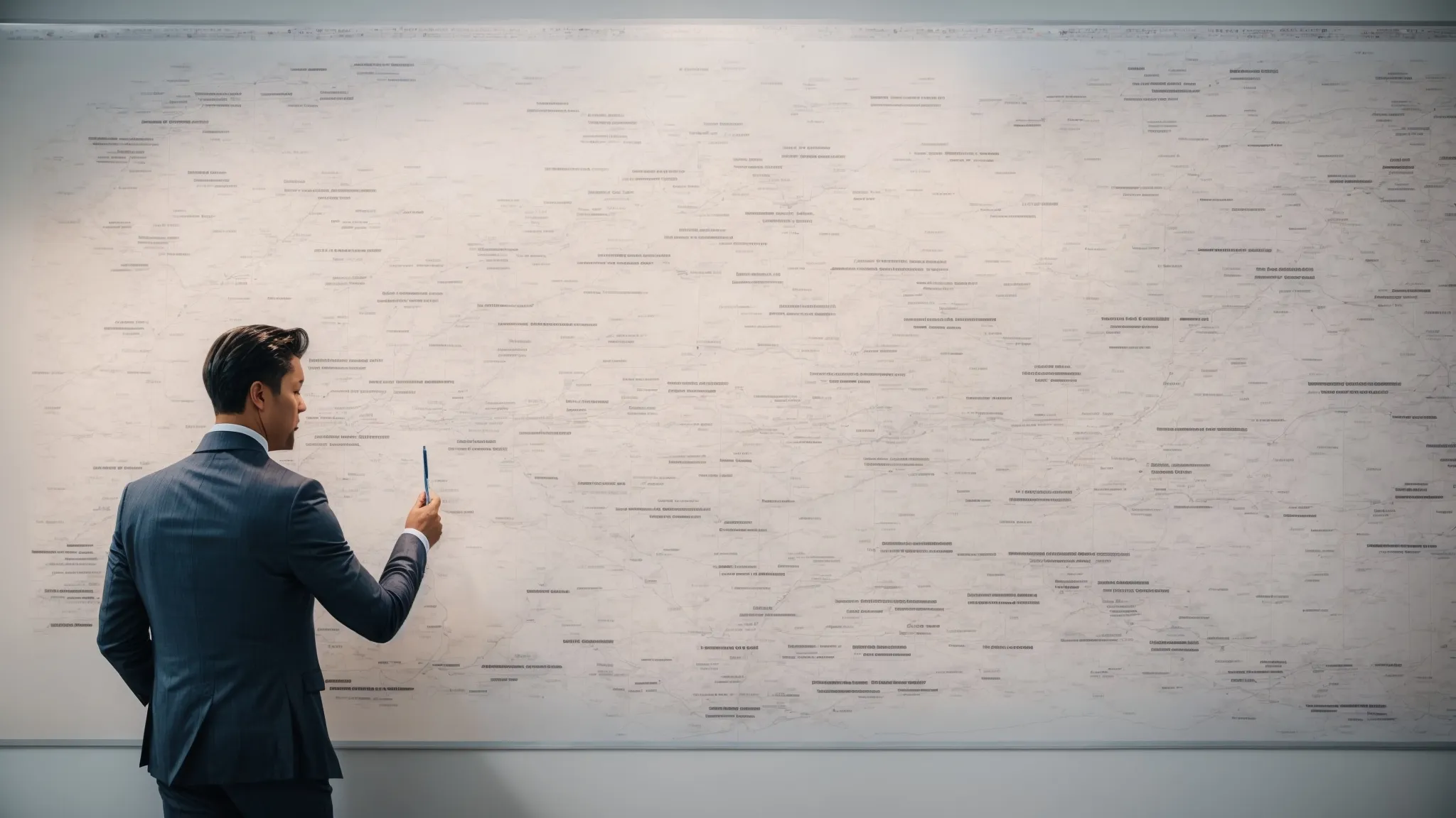 a marketer analyzing a complex flowchart with core keywords and branching paths indicating their stemming variations on a large whiteboard.