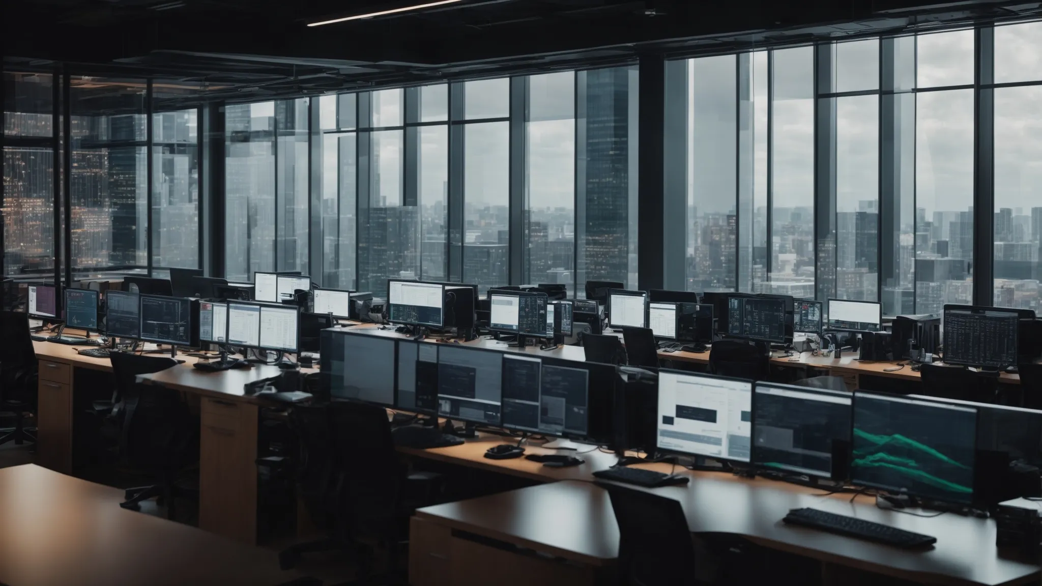 a modern office space with multiple computer screens displaying analytics and search engine results.