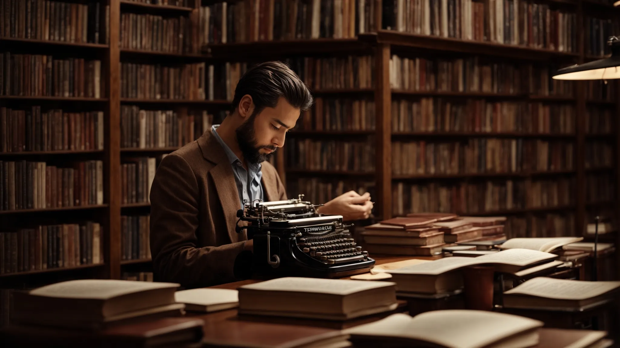 a writer thoughtfully types on a vintage typewriter within a peaceful library setting, surrounded by towering bookshelves laden with tomes of wisdom.