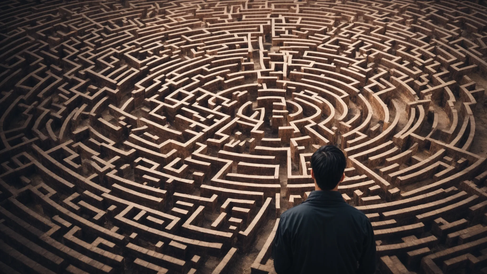 a person intently studies a large, intricate maze sprawling across the screen, symbolizing the complexities of keyword research and seo strategy.