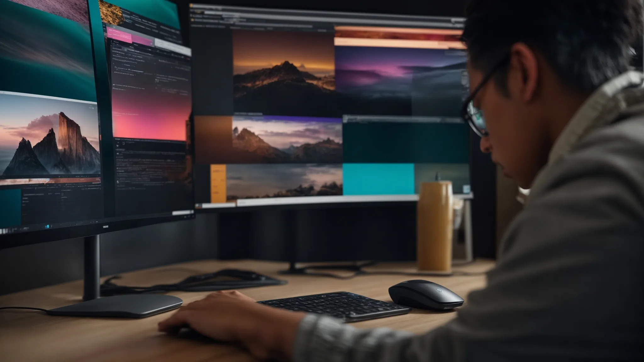 a web designer intently examines a colorful, streamlined homepage layout on a large desktop monitor, adjusting elements for enhanced user experience.