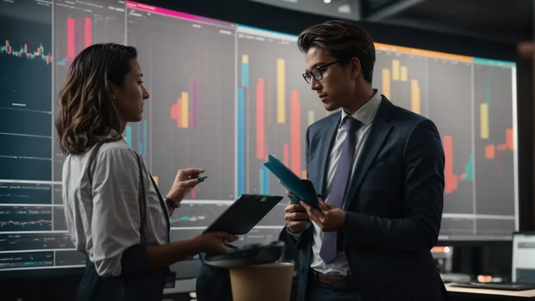 a marketer casually discusses strategy with a colleague beside a computer displaying colorful analytics charts.