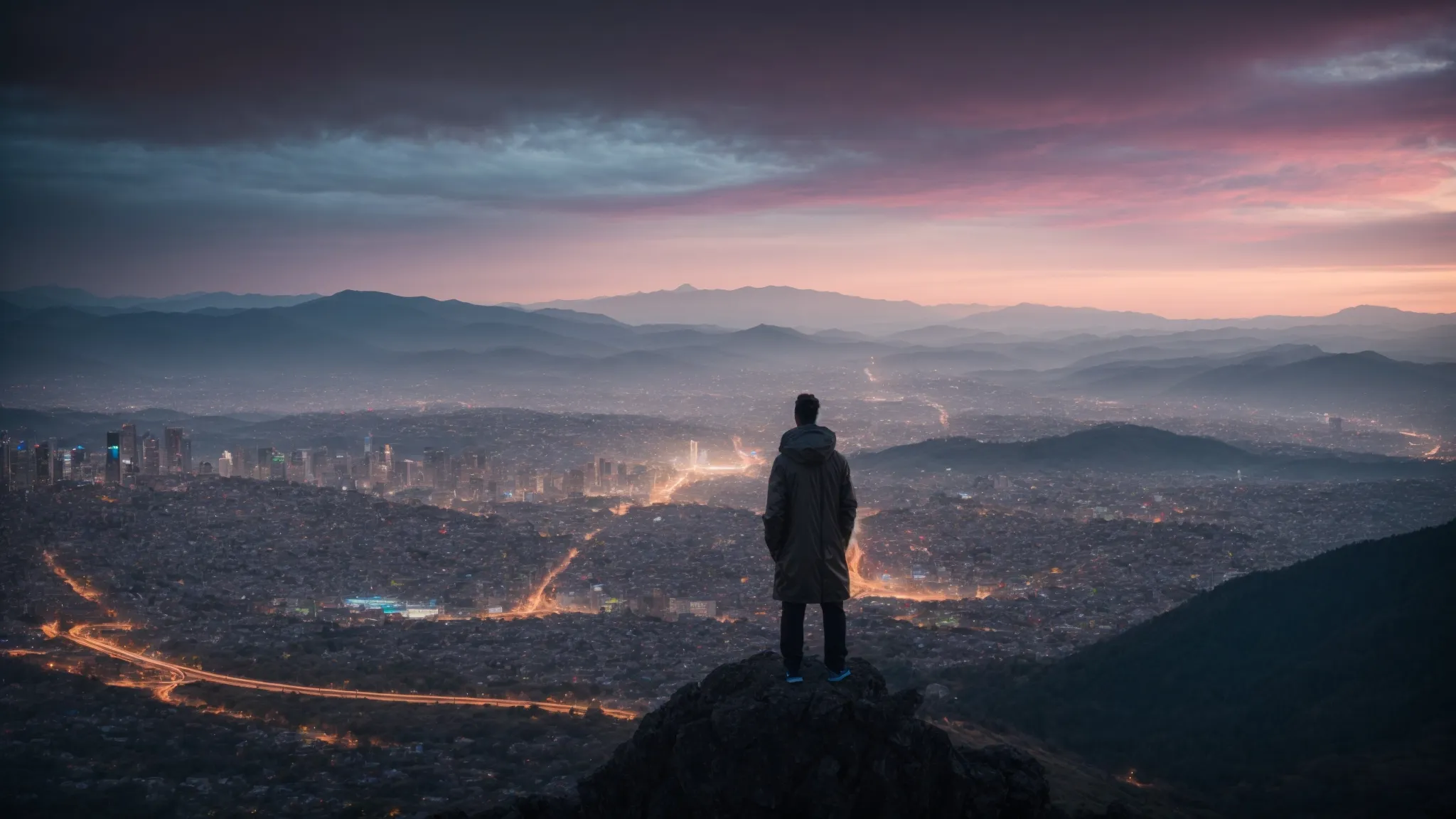 a visionary standing on a mountaintop overlooking a sprawling, futuristic cityscape at dusk, symbolizing the anticipation of technological advancements in seo readability.