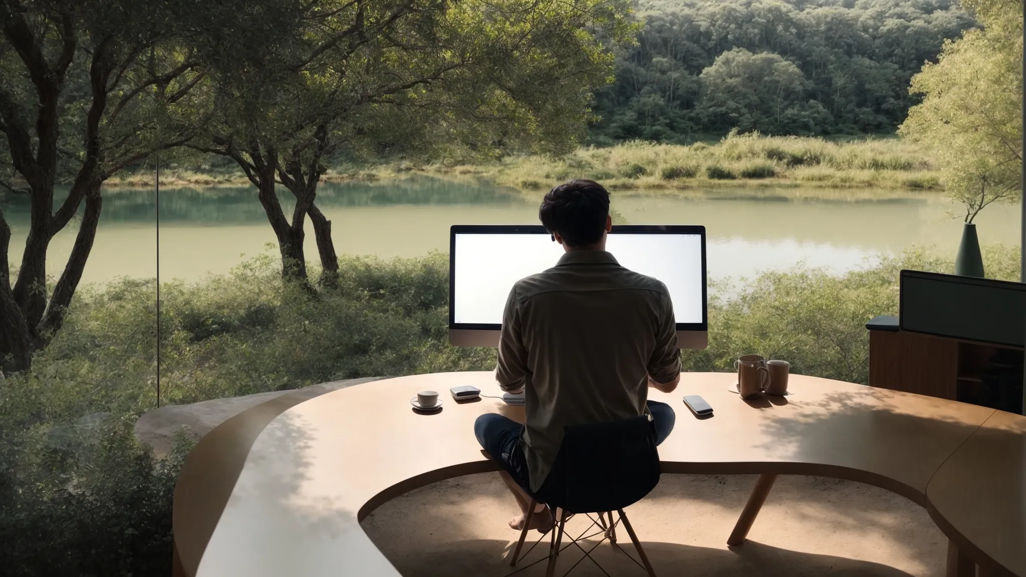 a person sits at a minimalist desk with a laptop open, gazing thoughtfully out of a window at a serene nature scene.
