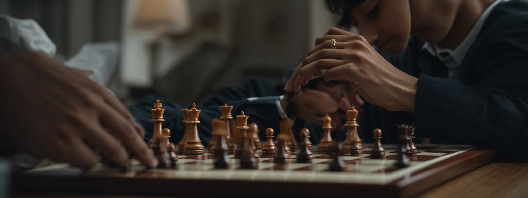 a chess player thoughtfully positions a piece on a strategic part of the board, symbolizing calculated moves in the game of link building.
