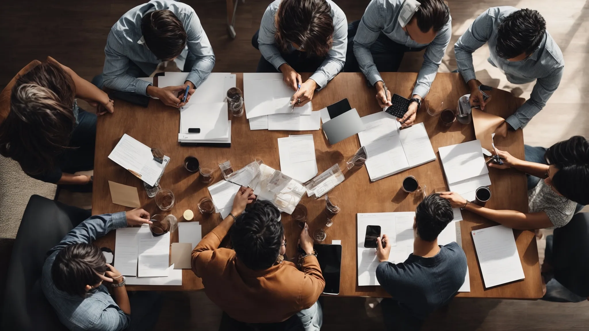 a marketing team engages in a collaborative brainstorming session around a large table, immersed in digital content strategies with various digital devices and notes.