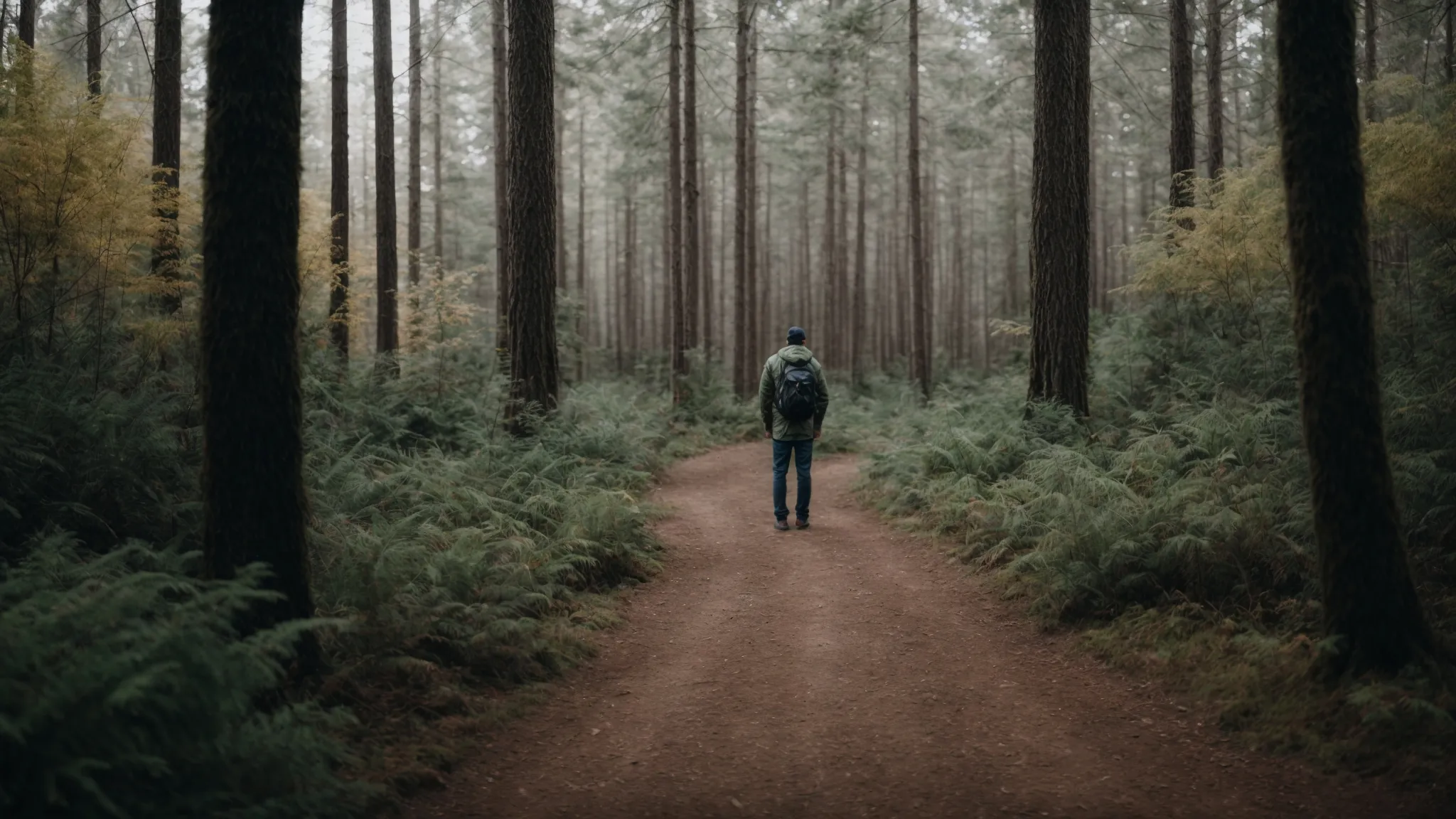 a person standing at a crossroads path in a forest, looking thoughtfully at distinct paths that lie ahead.