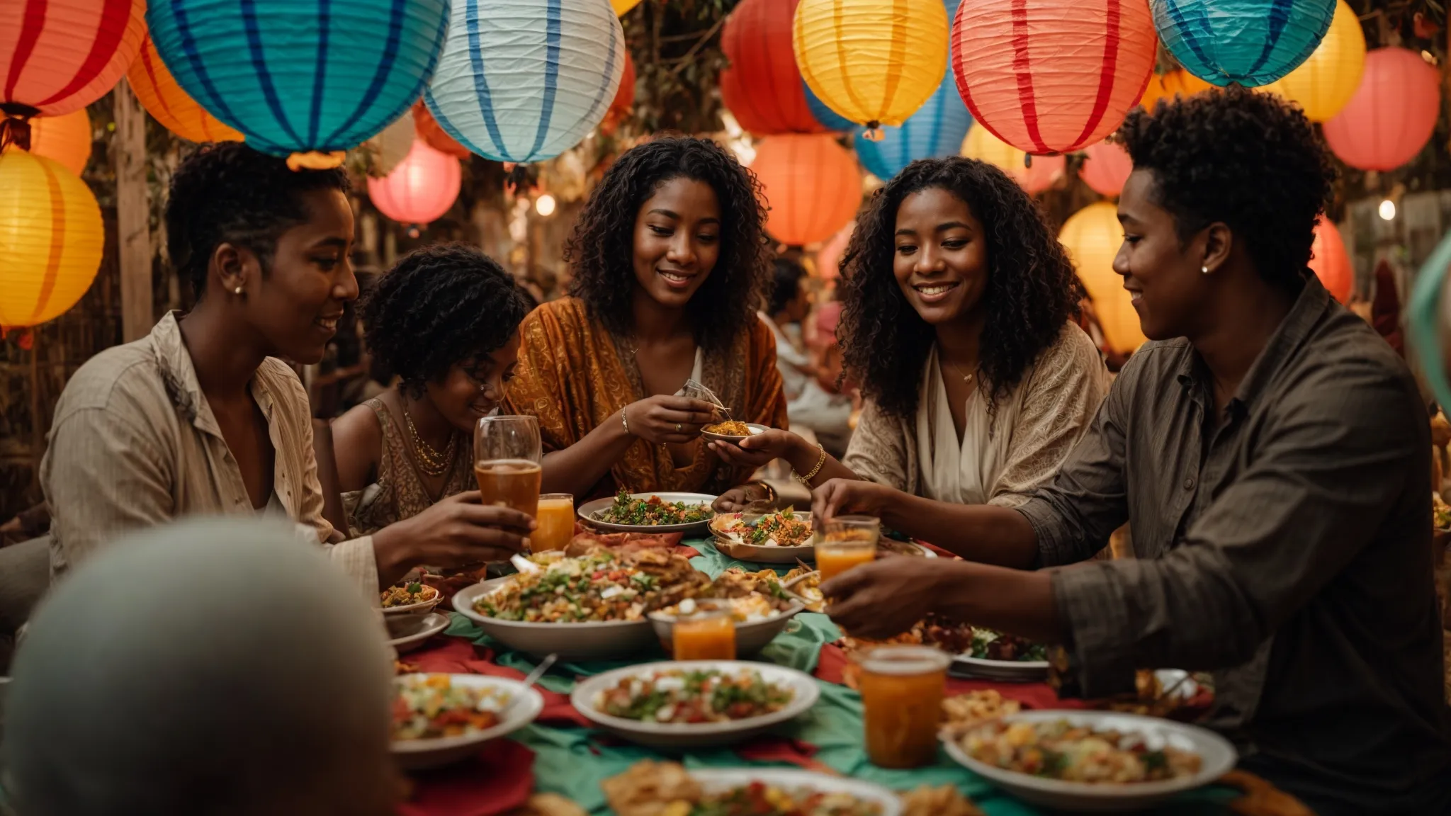 diverse group of people from different cultural backgrounds sharing a meal around a large table under colorful paper lanterns.