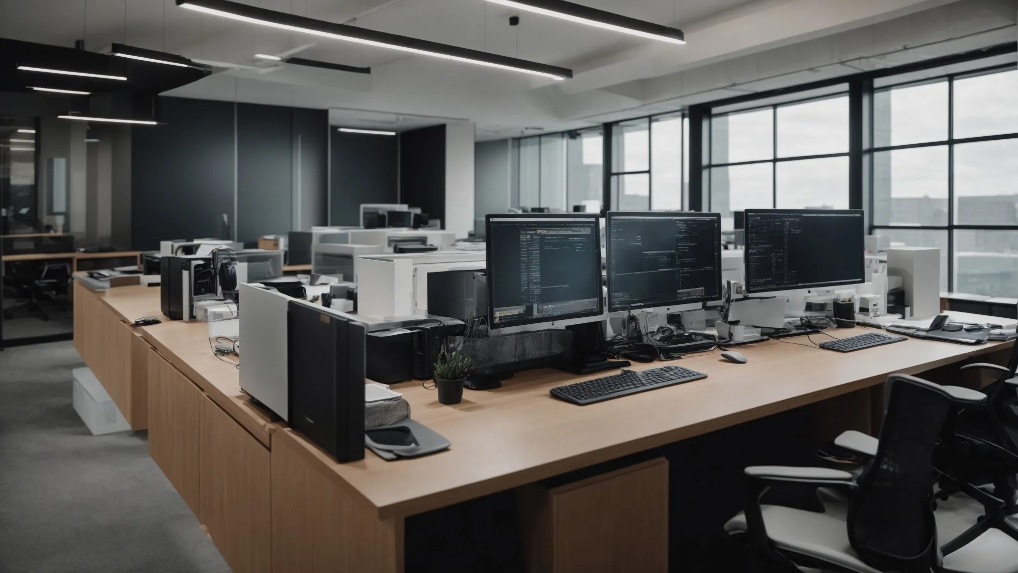 a modern office with state-of-the-art computers running workflow automation software.