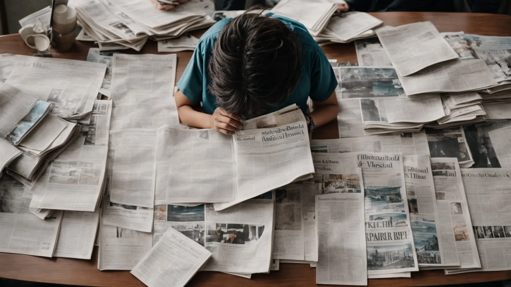 a person sitting at a desk with multiple newspapers spread out, deeply focused on reading.