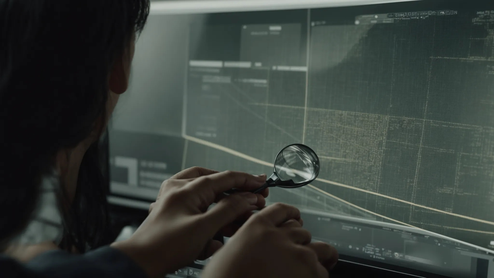 a person using a magnifying glass to scrutinize a web page layout on a computer screen.