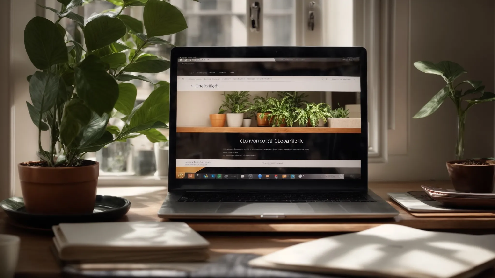 a desktop with an open laptop showing a webpage, surrounded by reference books and a potted plant bathed in natural light.