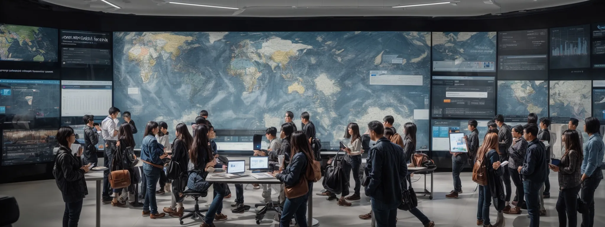 a wide-angle view of a bustling social media marketing team collaborating over a large digital touchscreen display with a world map, showing various social media platforms in a high-tech office.