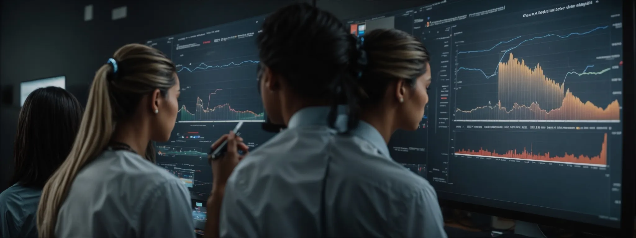 a diverse group of professionals examining a large screen displaying graphs and analytics related to website performance.