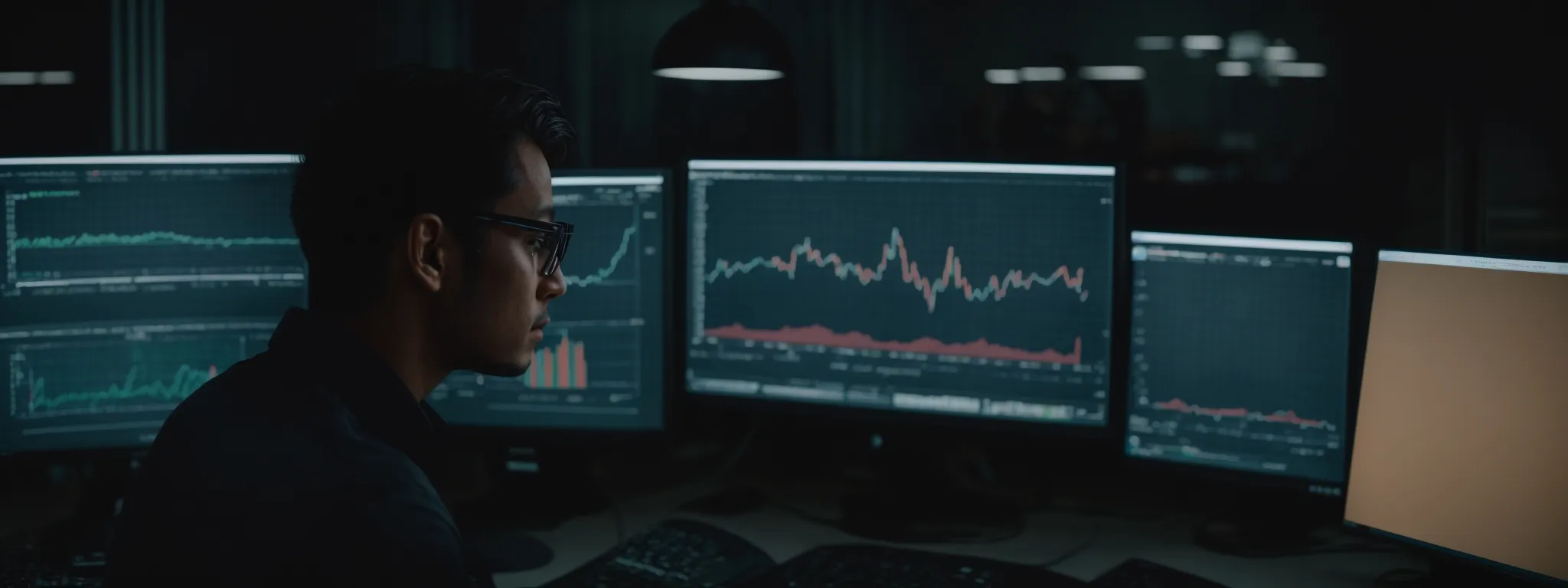 a marketer intently analyzes graphs on a computer screen, reflecting a deep dive into content performance metrics.