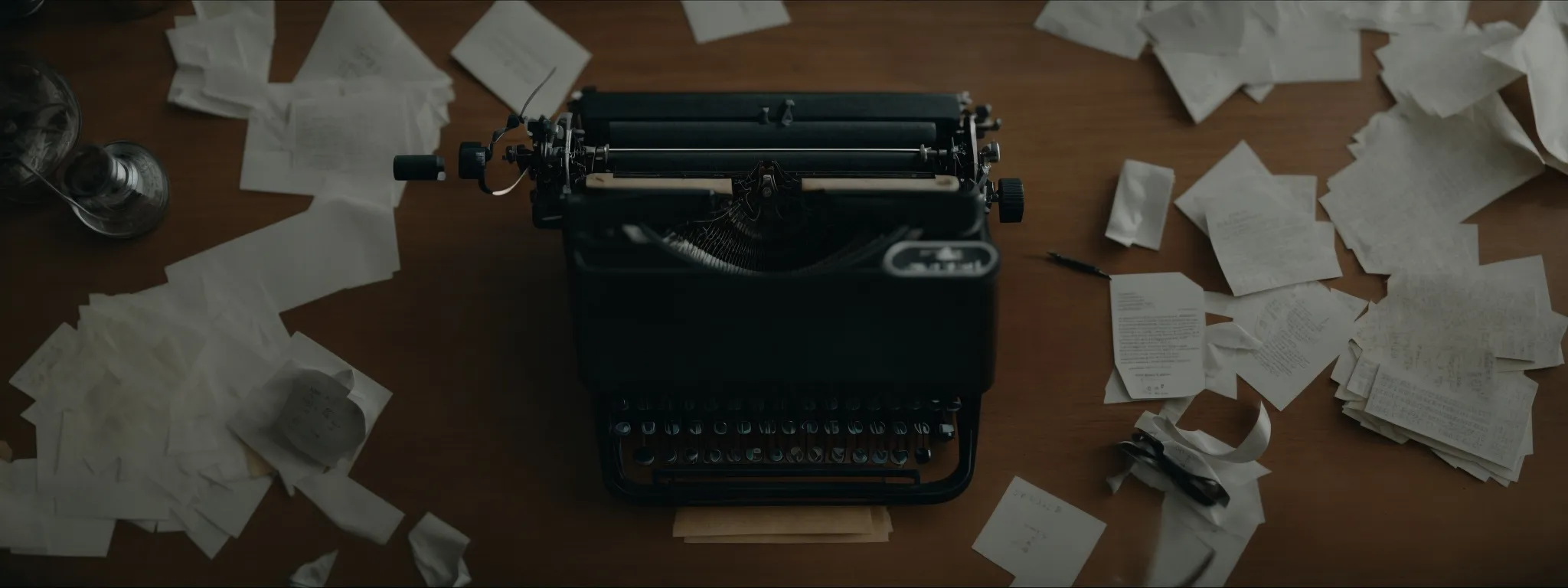 a focused individual types on a vintage typewriter, surrounded by crumpled paper drafts on a wooden desk.