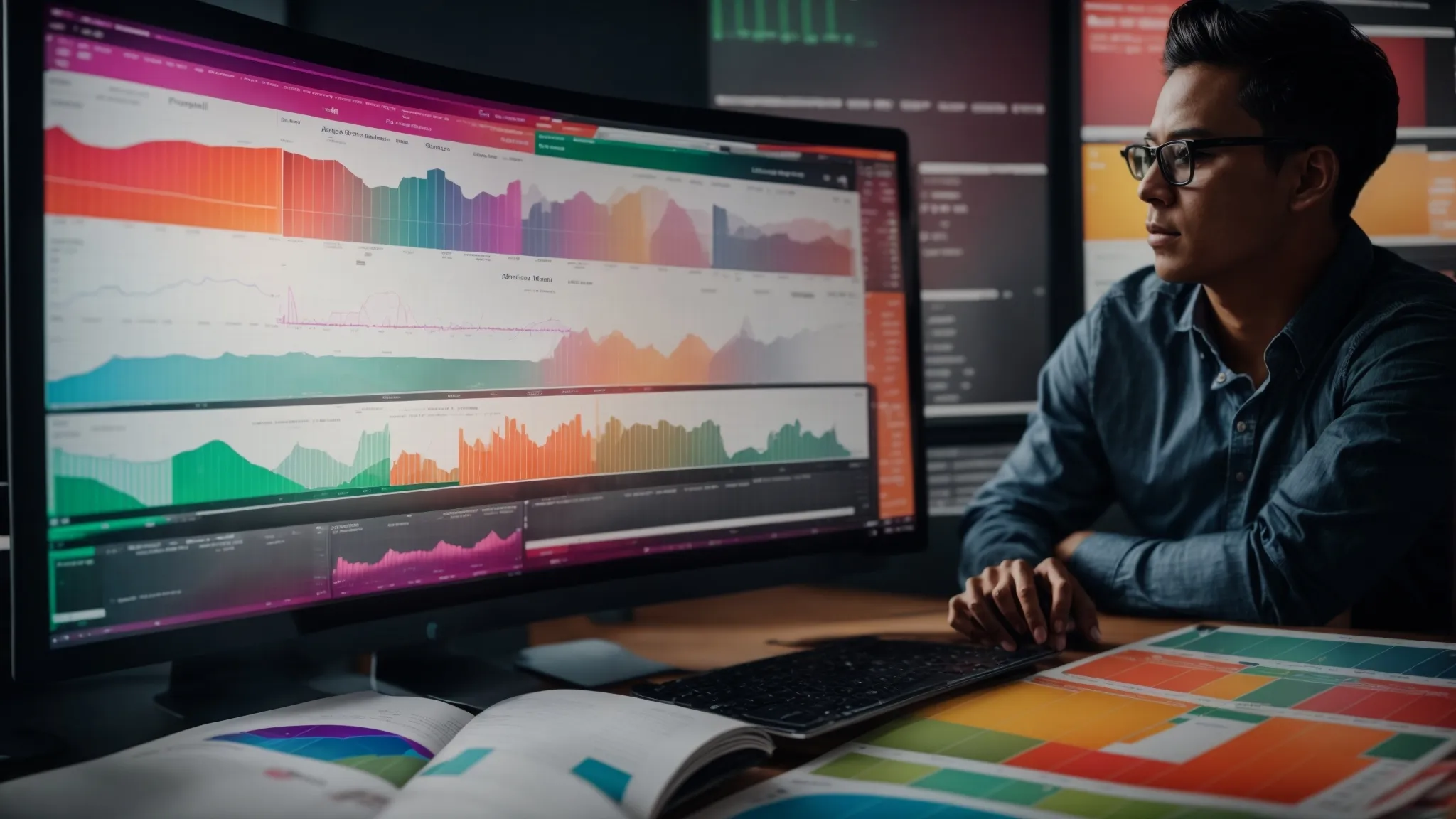 a marketer observes colorful graphs and charts on a computer screen, analyzing seo metrics.