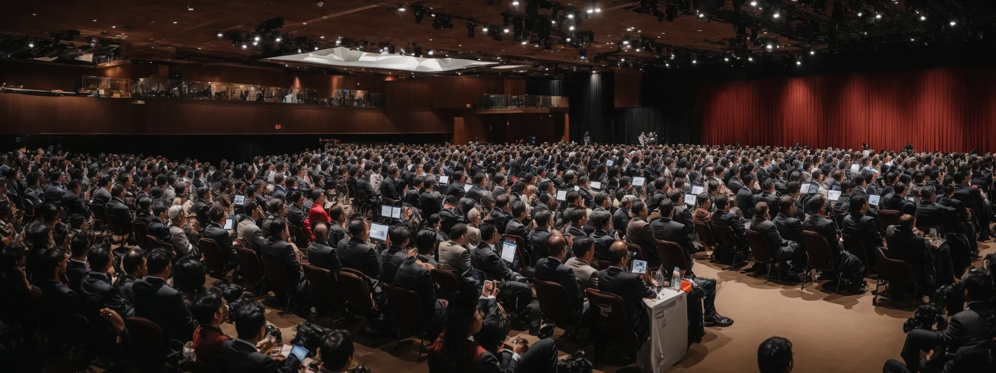 a wide-angle shot of a bustling seo conference, with industry professionals gathered around a central stage where a keynote speaker presents on link building strategies.