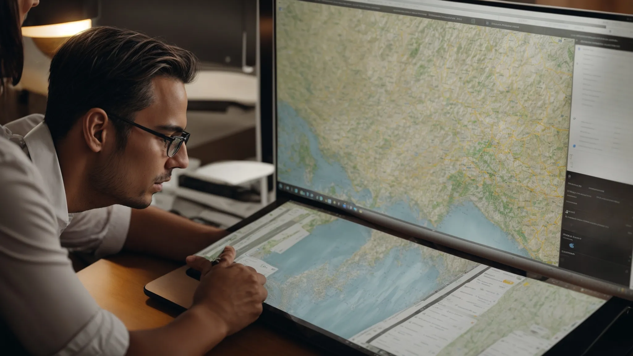 a marketer reviews maps and local data on a computer screen, optimizing a website for regional searches.
