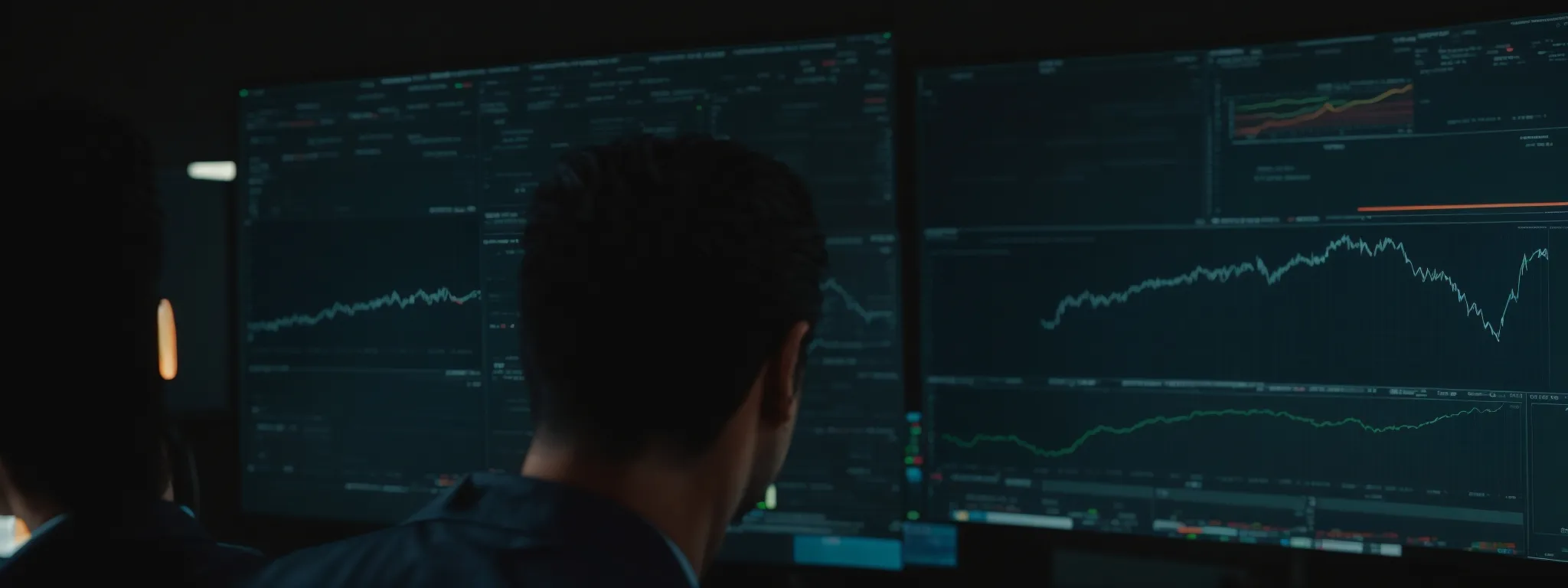 a strategist reviews a graph-filled dashboard on a computer screen, analyzing market competitors' online presence.