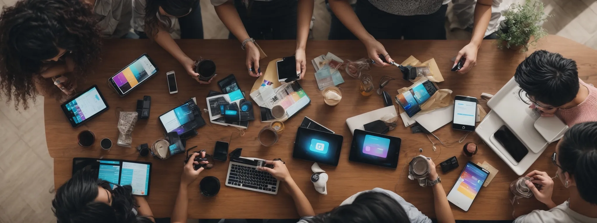 a digital marketing team strategizing around a table laden with various smart devices displaying colorful social media interfaces.