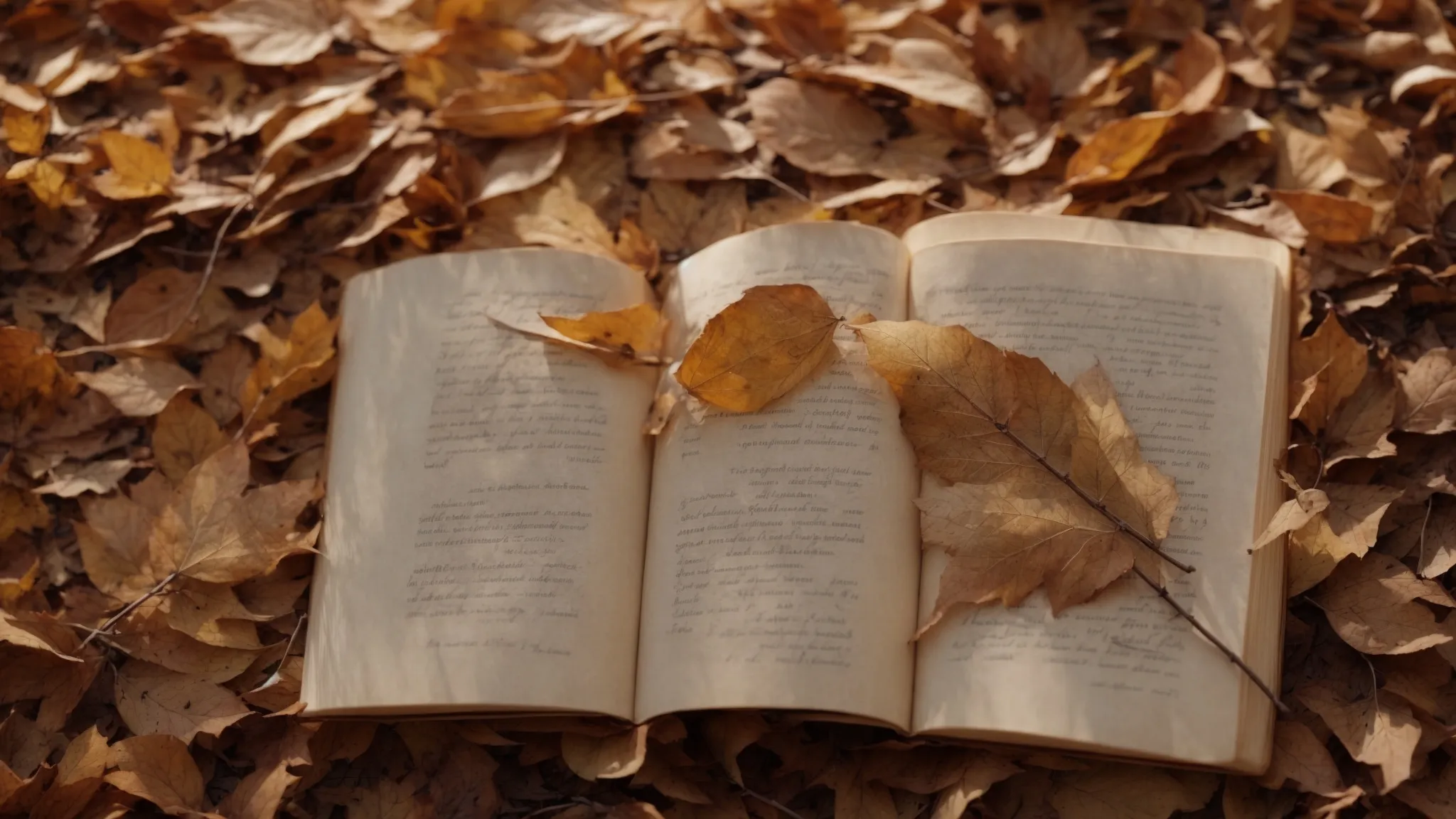 a book opened to the middle, with a quill resting on the pages, nestled among dried autumn leaves.