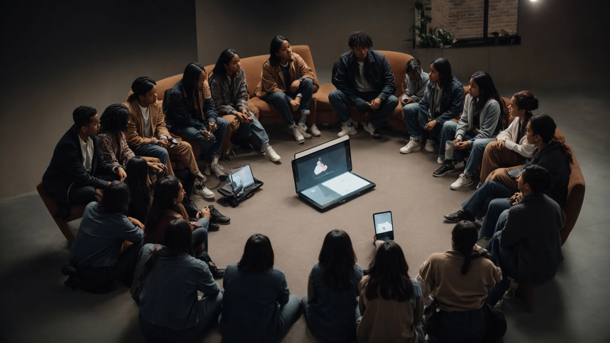 a group of diverse individuals sits in a circle, engaged in an animated discussion with a digital tablet in the center.