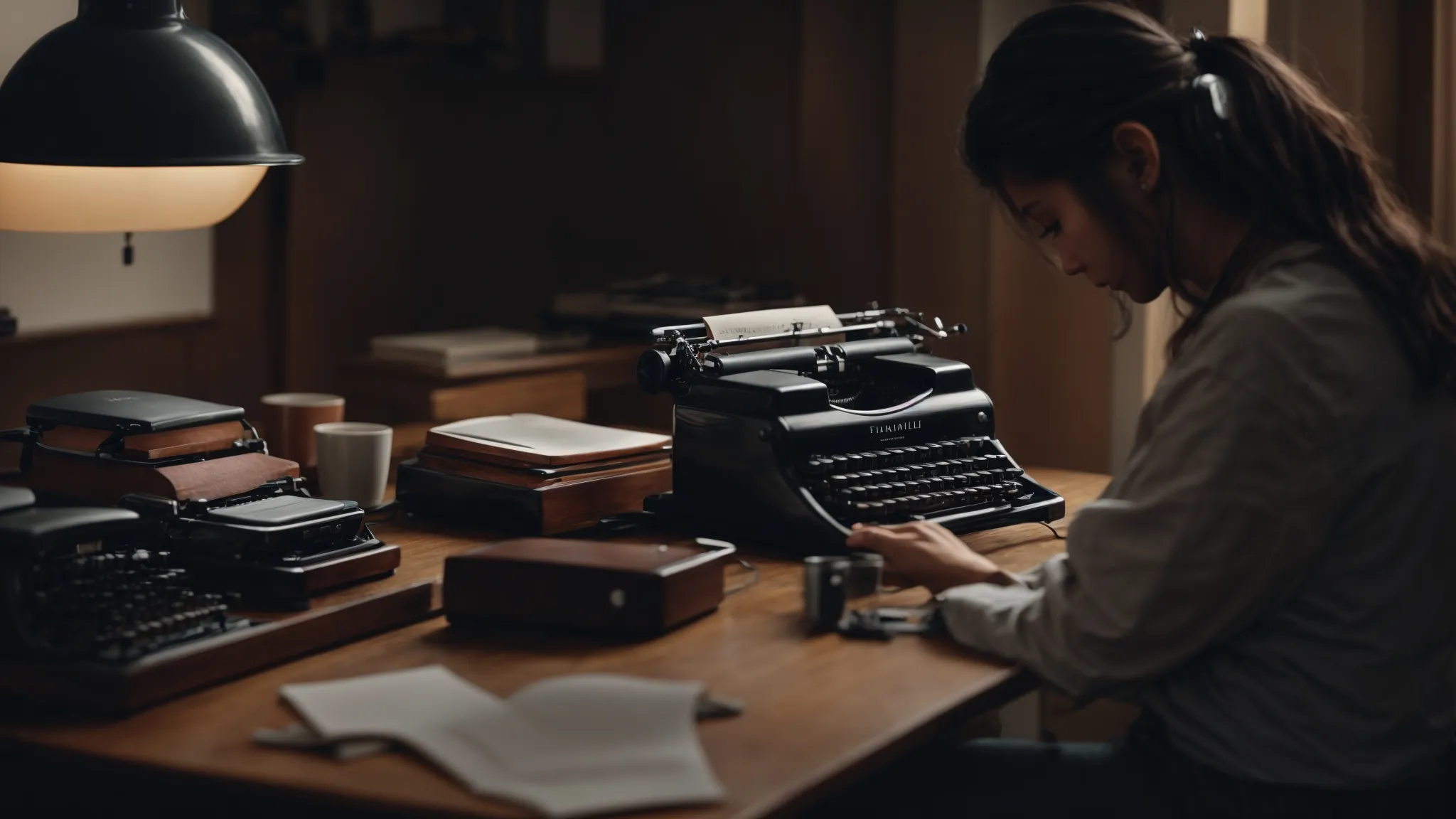 a person sits at a minimalist desk, immersed in typing on a vintage typewriter, surrounded by a serene setting that inspires focus and creativity.