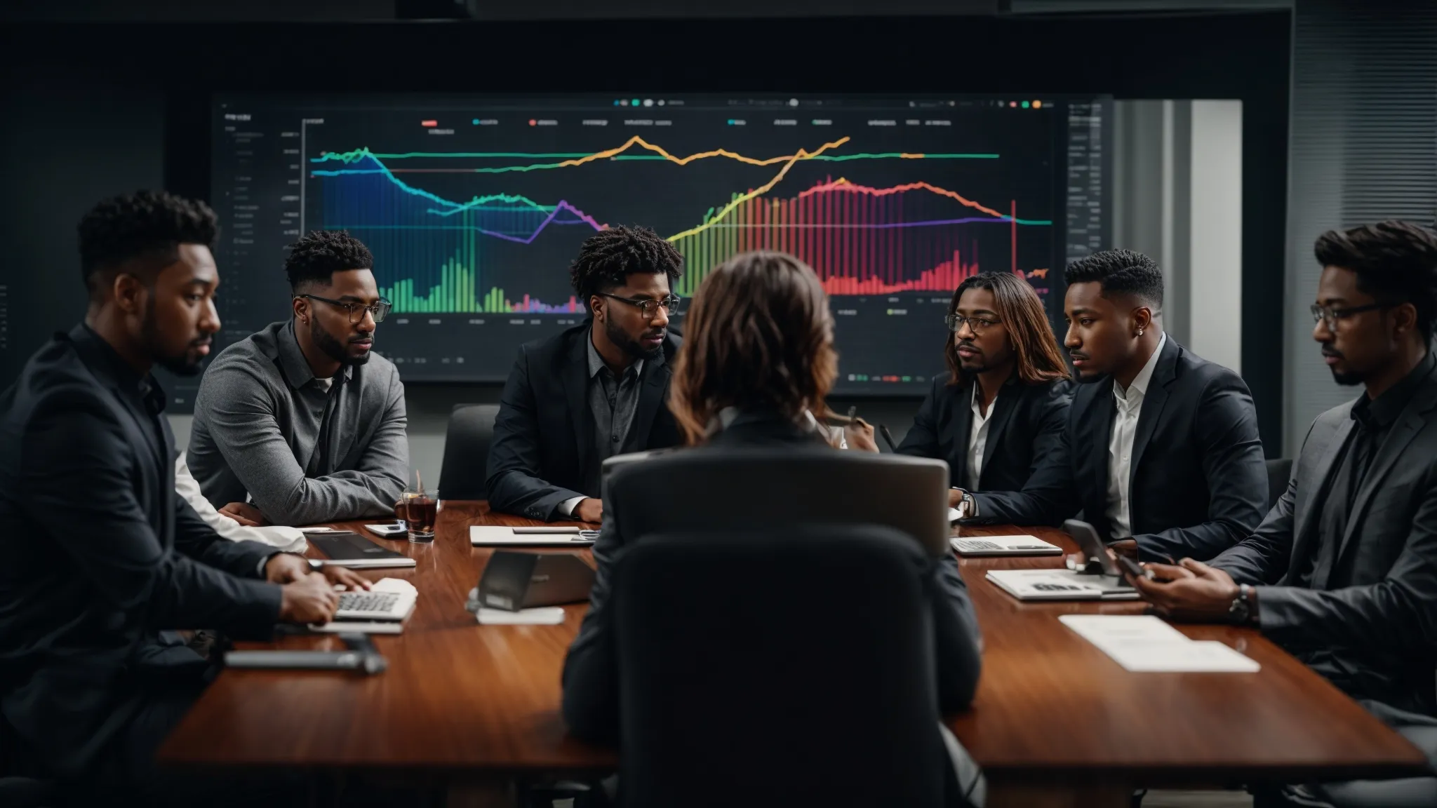 a diverse group of professionals gather around a conference table, intently focused on a central laptop displaying colorful graphs and analytics.