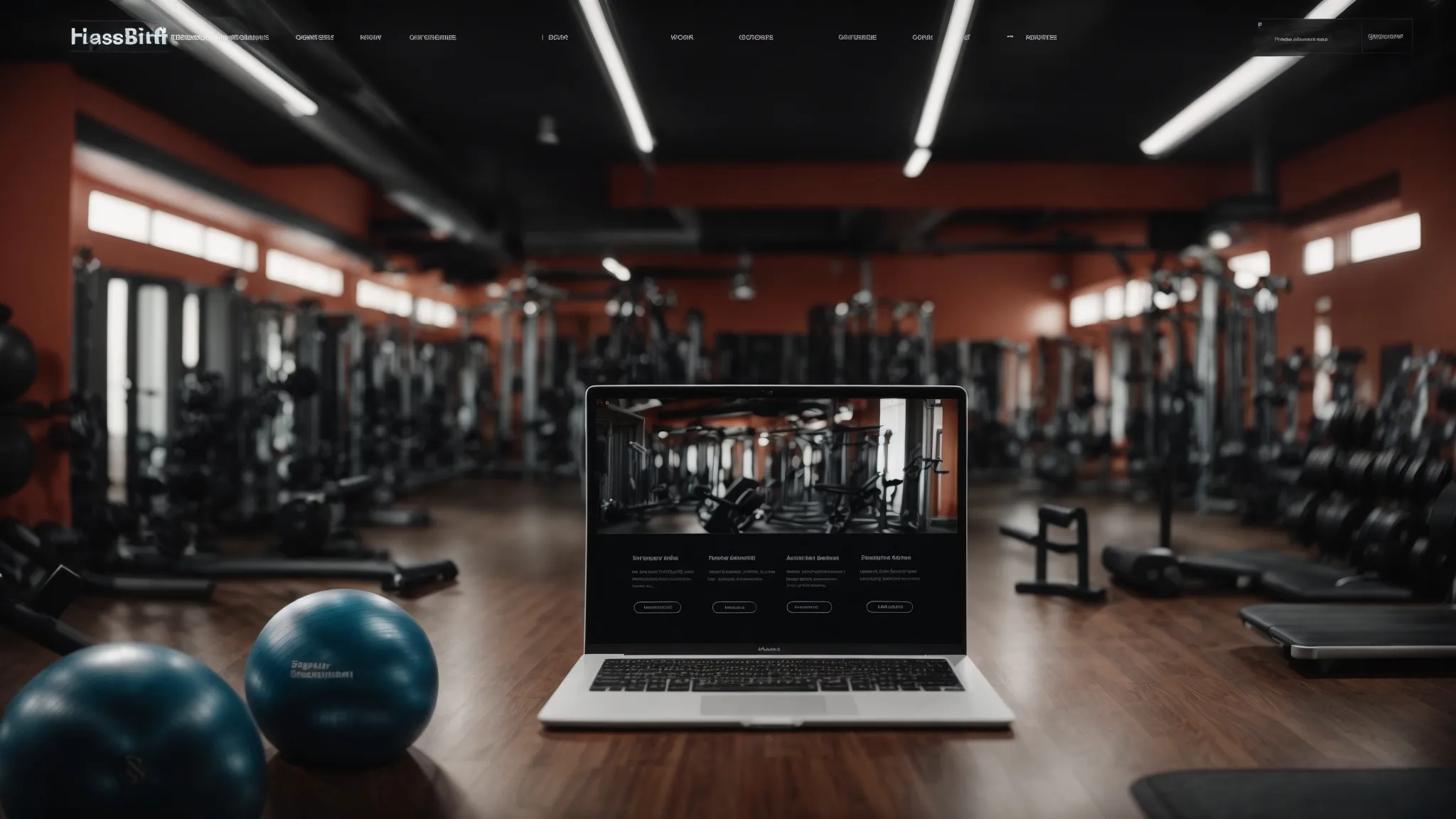 a website displaying a sports fitness gym with an engaging workout class and a search bar icon atop the page.