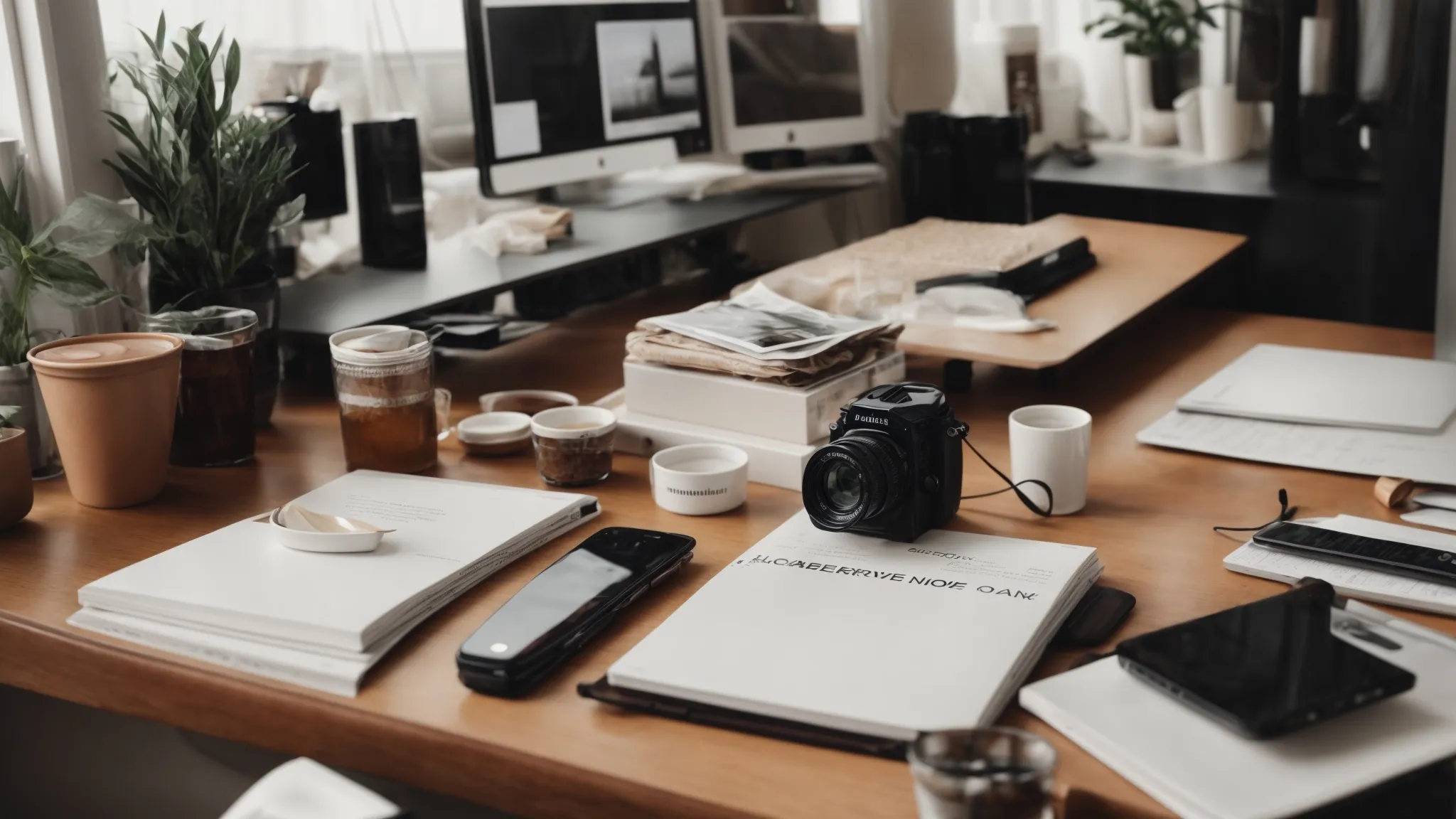 an aesthetically balanced photo of a neatly organized workspace with a focus on a central element, using whitespace effectively.