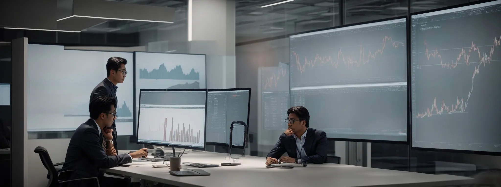 two entrepreneurs intently analyzing graphs and charts on a large screen in a modern office.