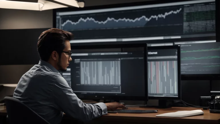 a focused individual studies a large graph showing various keyword trends on a computer monitor in a quiet, organized office.