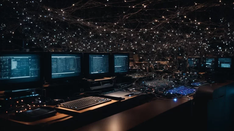 computers connected in a network symbolizing a digital ecosystem with nodes representing semantically linked entities.
