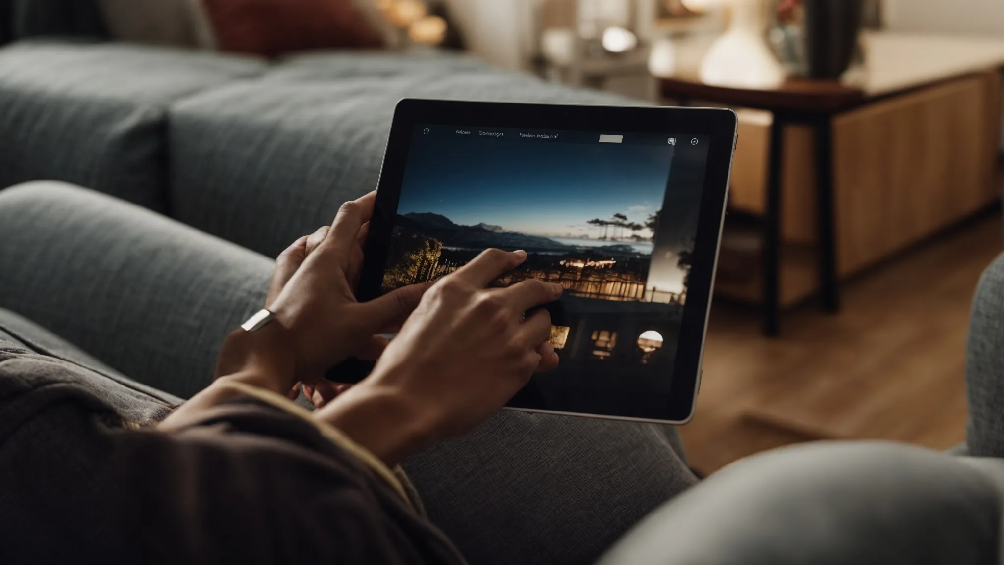 a person leisurely swiping through an image carousel on a modern, sleek tablet while lounging on a couch.