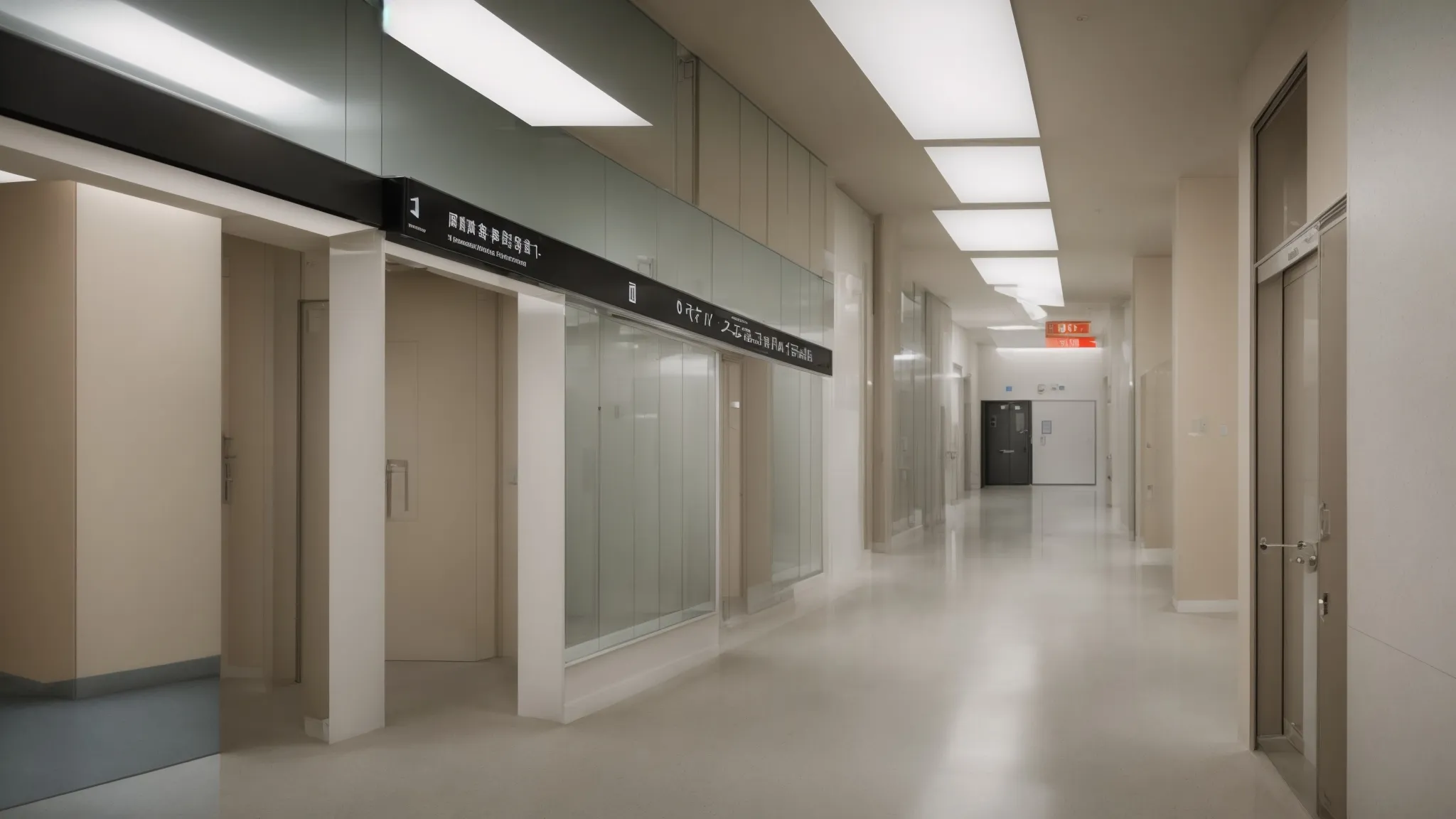 a clean, open hallway with clearly marked doors and directional signage, embodying simplified navigation.