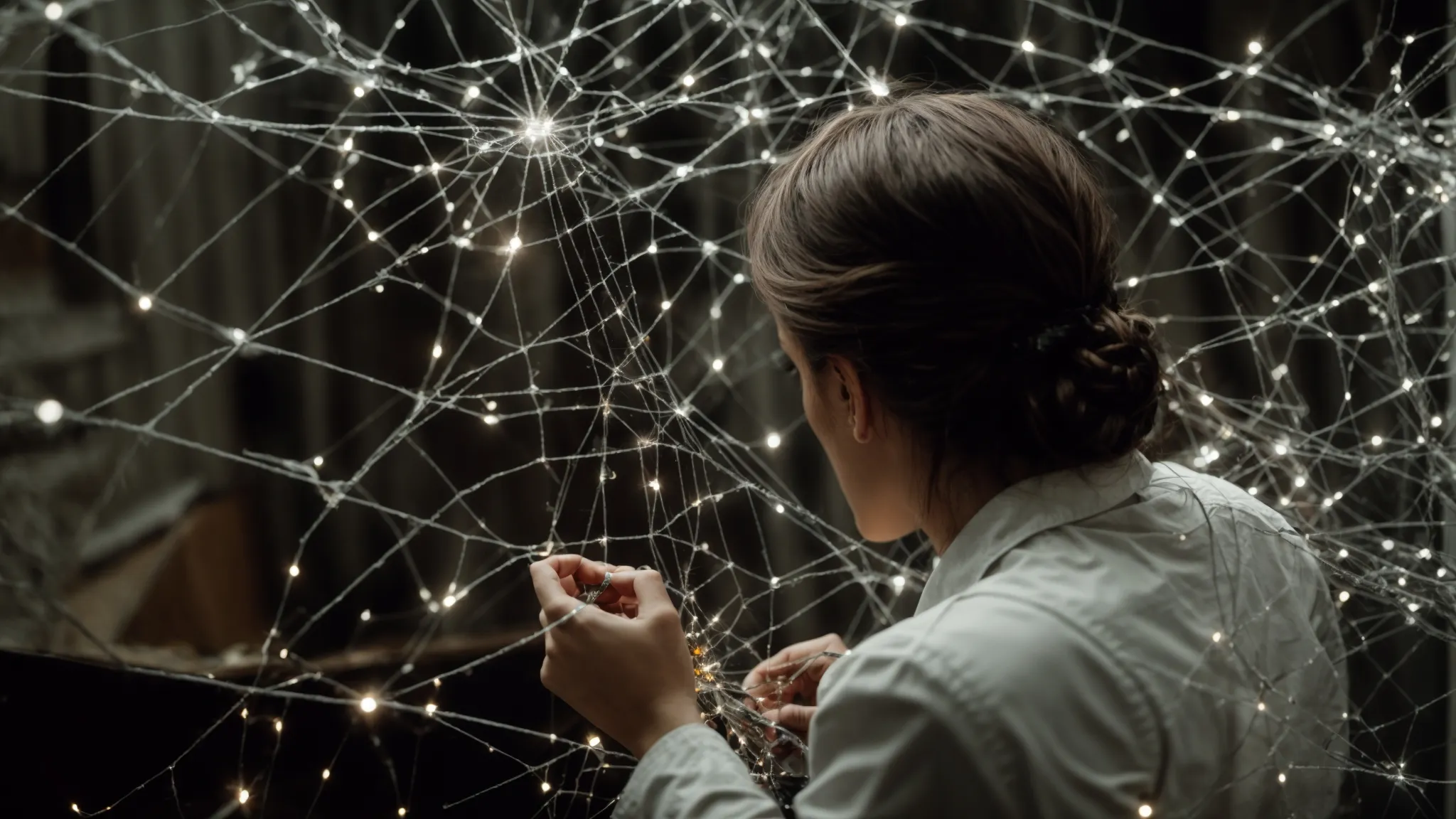 a focused individual examining a web of interconnected points, highlighting and repairing broken connections.