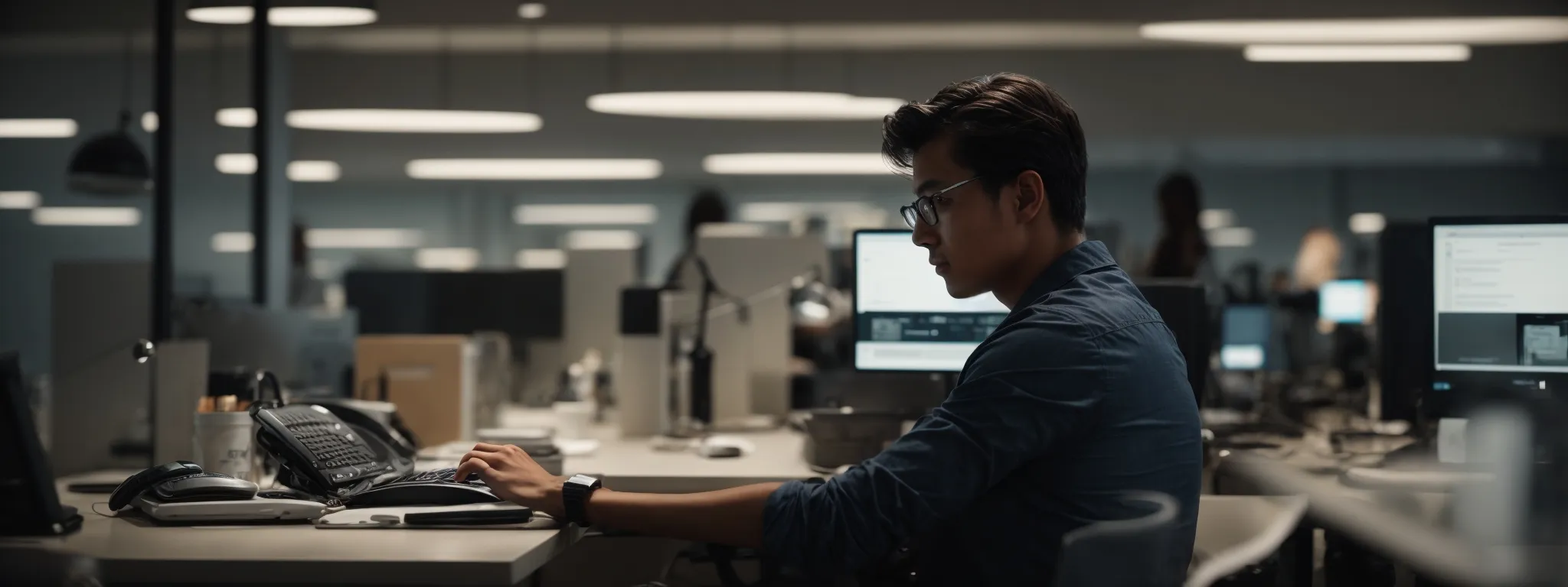 a focused individual typing at a computer in a well-lit, modern office space, symbolizing the meticulous crafting of optimized web content.
