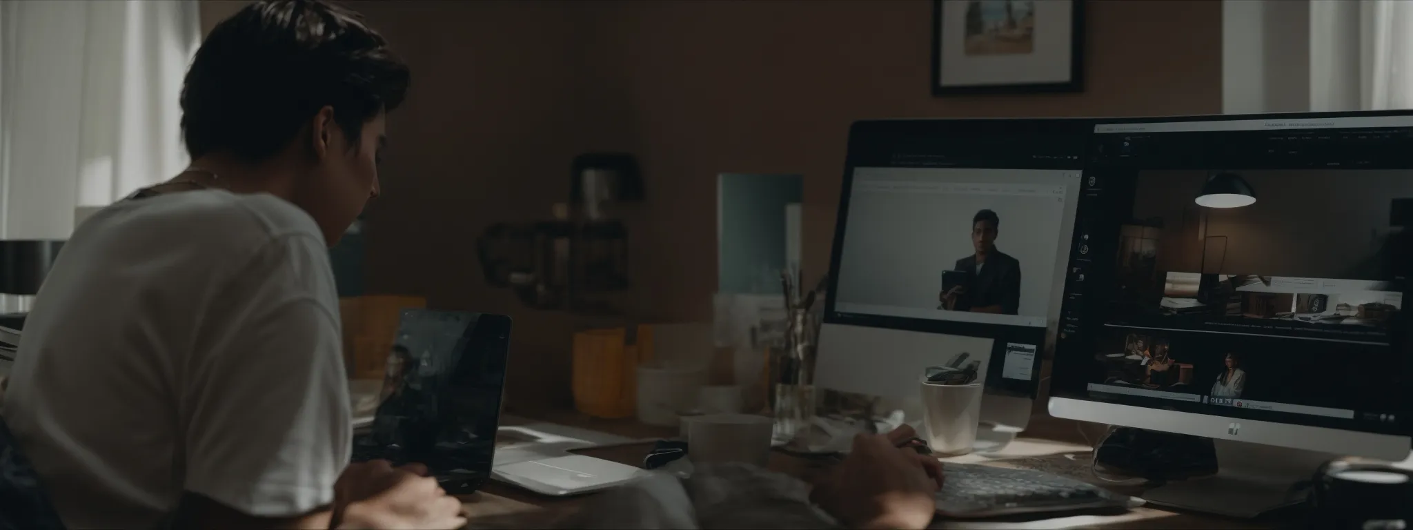 a person using a laptop with wordpress on the screen in a well-lit home office.