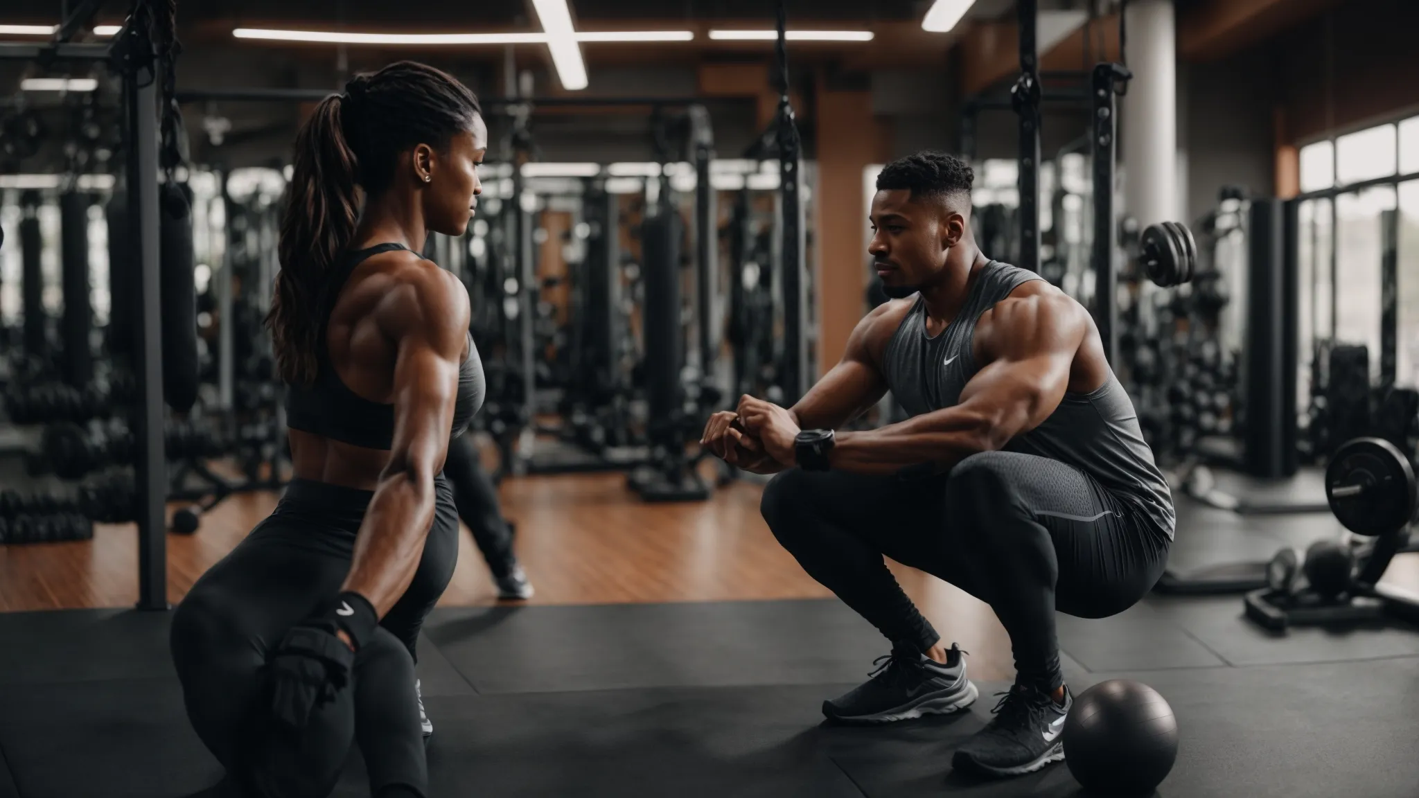 a fitness instructor discusses partnership opportunities with a health blogger in a well-equipped gym.