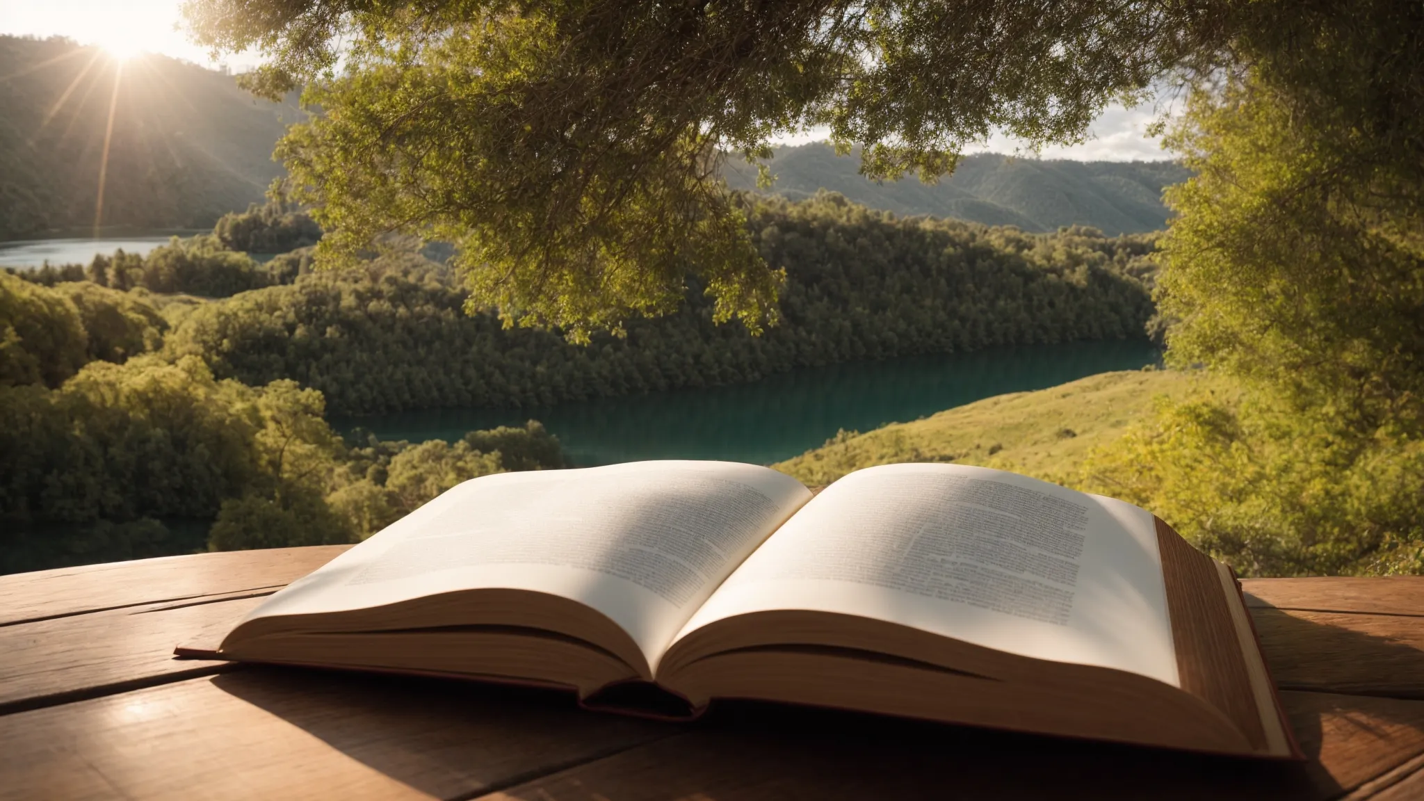 a panoramic landscape with an open book resting on a simple wooden desk, surrounded by tranquil nature.