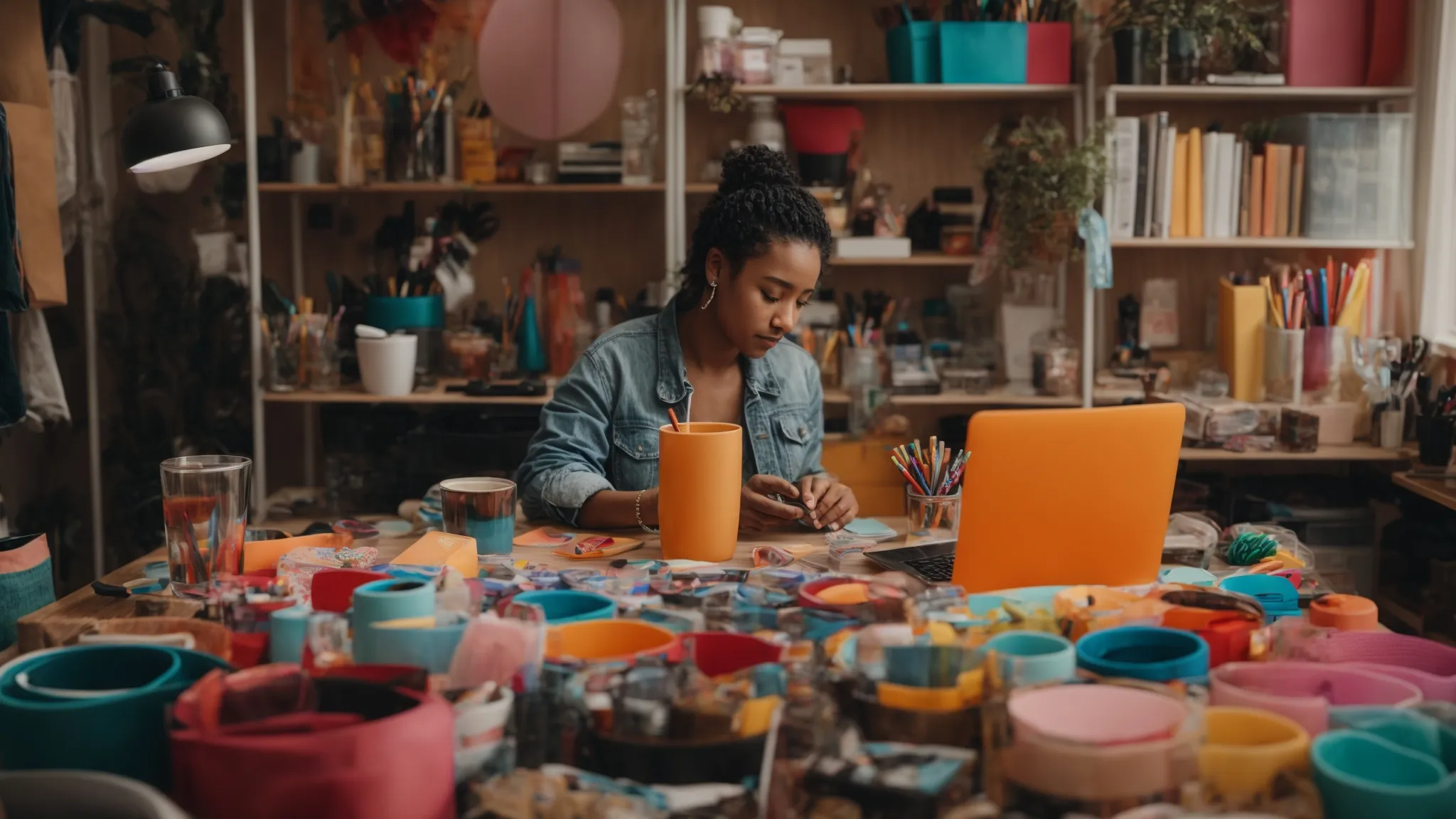 a person sitting at a creative workspace, arranging bold, colorful props for a social media photo shoot.