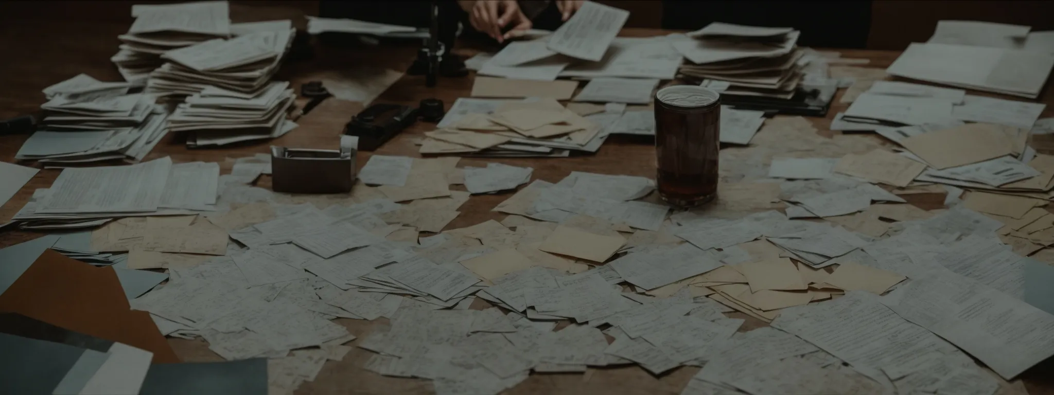 a professional scrutinizing a scattered array of faded documents spread across a desk, symbolizing the evaluation of dated website content.