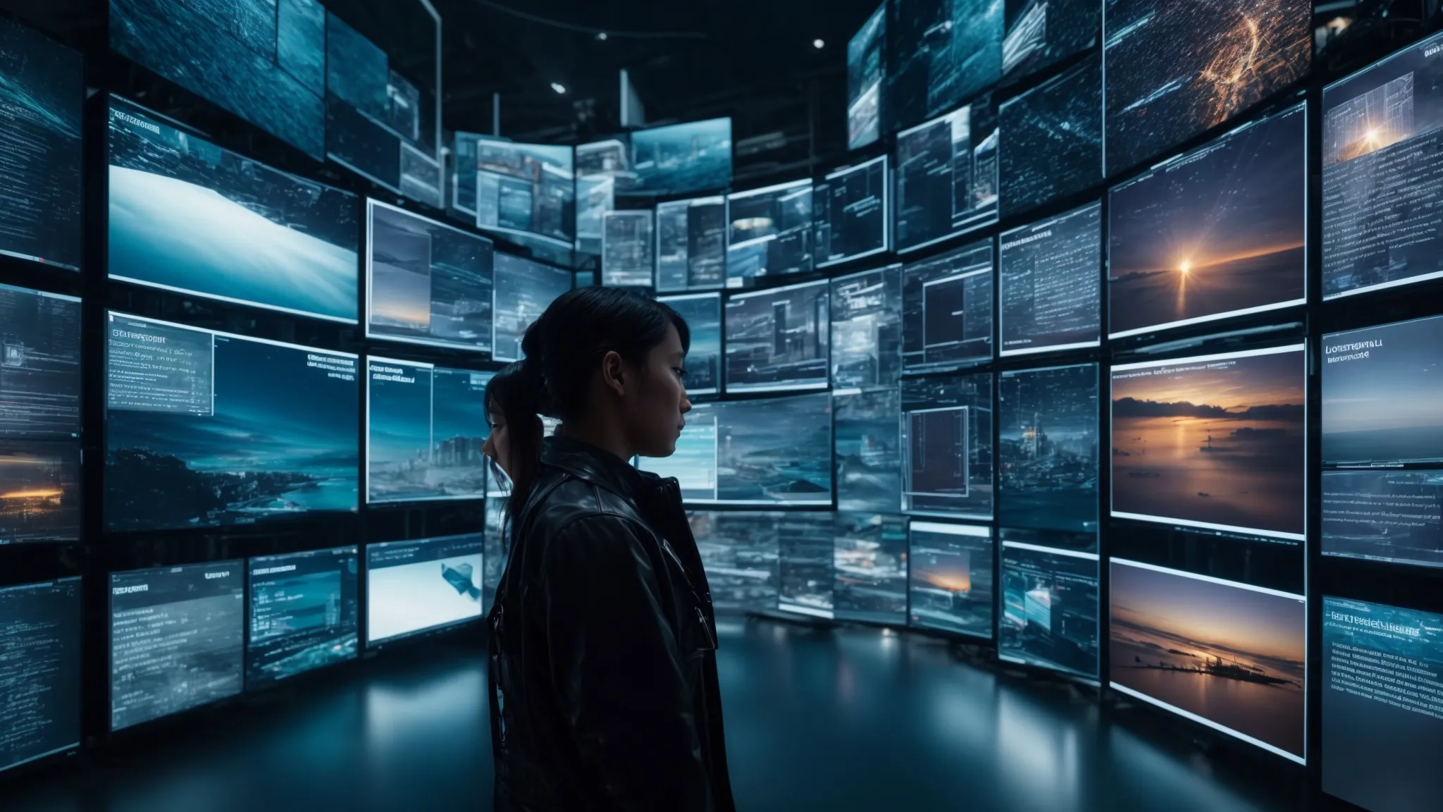 a person browsing through an array of floating digital screens showing various webpages against a futuristic backdrop.
