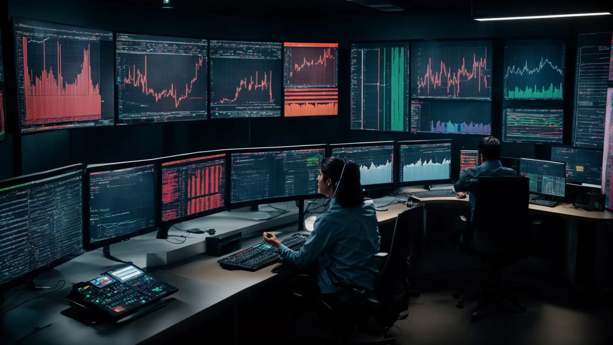 a bustling digital marketing control room with dual monitors displaying colorful graphs and real-time data analytics.