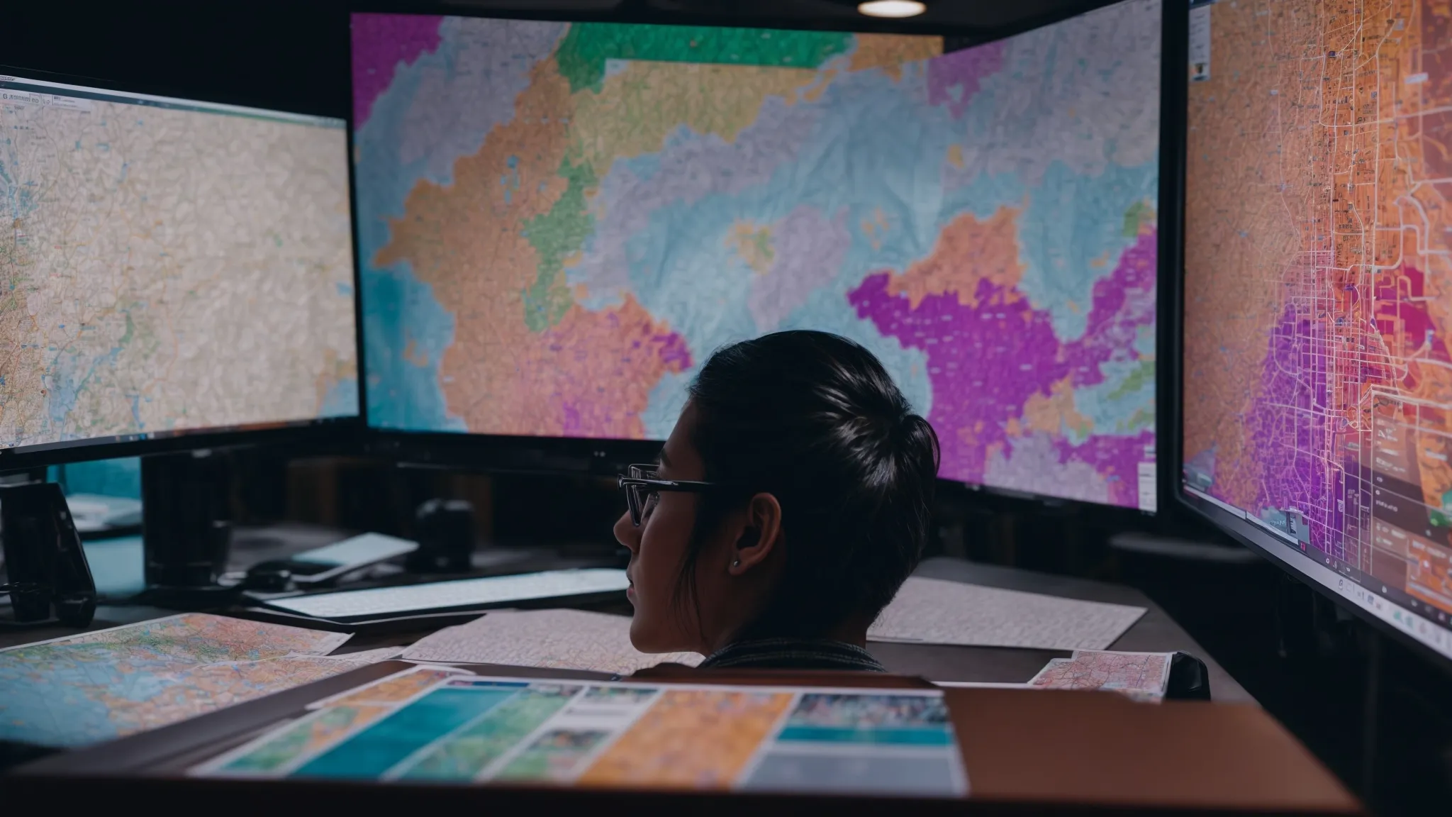 a person sitting at a computer, analyzing a colorful digital map representing local business data and seo strategies.